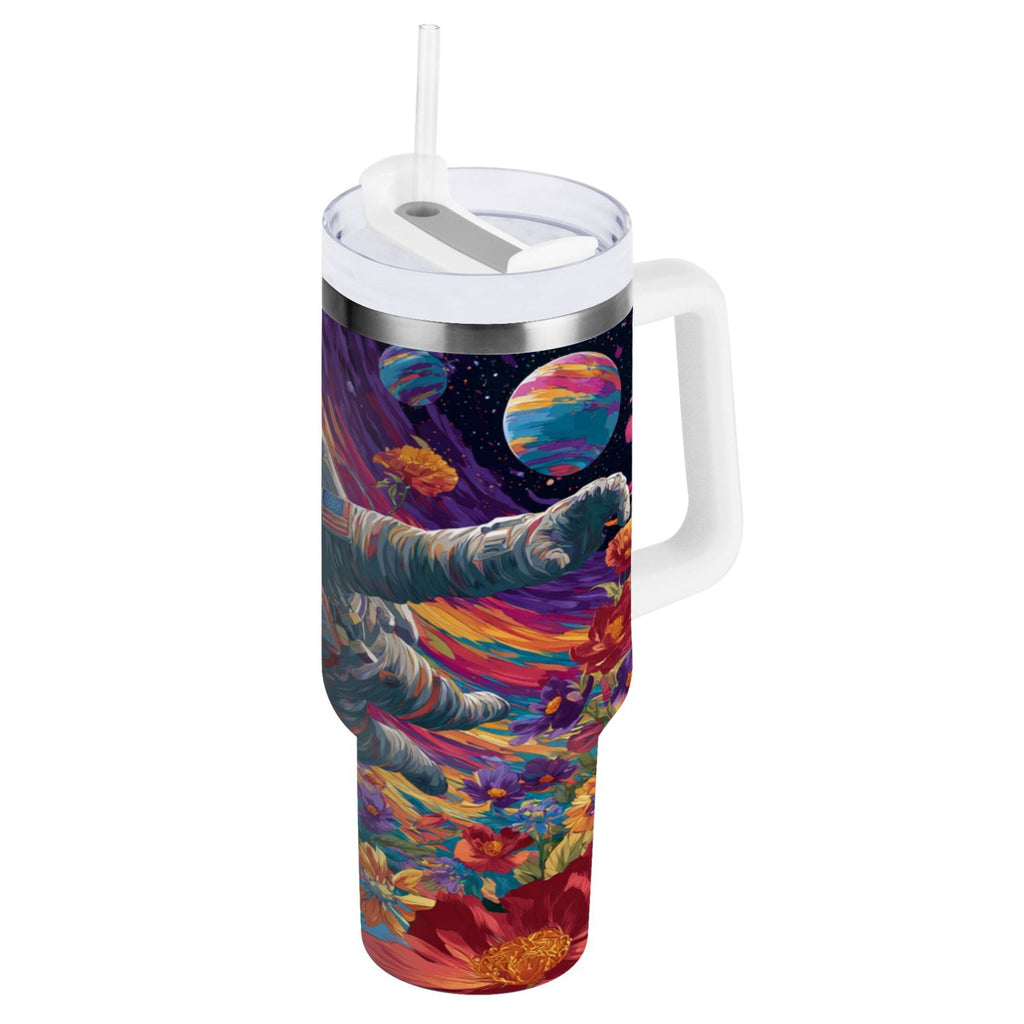 40 oz Insulated Stainless Steel Tumbler Double Wall Stainless Steel Tumbler with 2-Way Drinking Colorful Flowers and Planets Edition-4PRA
