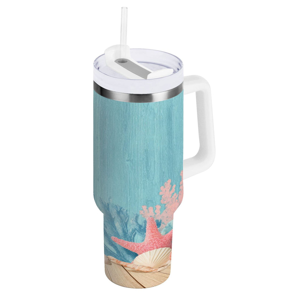 40 oz Insulated Stainless Steel Tumbler Double Wall Stainless Steel Tumbler with 2-Way Drinking Colorful Starfish and Seashells Edition-VYQK