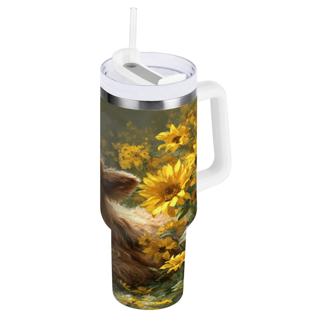 40 oz Insulated Stainless Steel Tumbler Double Wall Stainless Steel Tumbler with 2-Way Drinking Cow Lying in Sunflowers Edition-L9HL