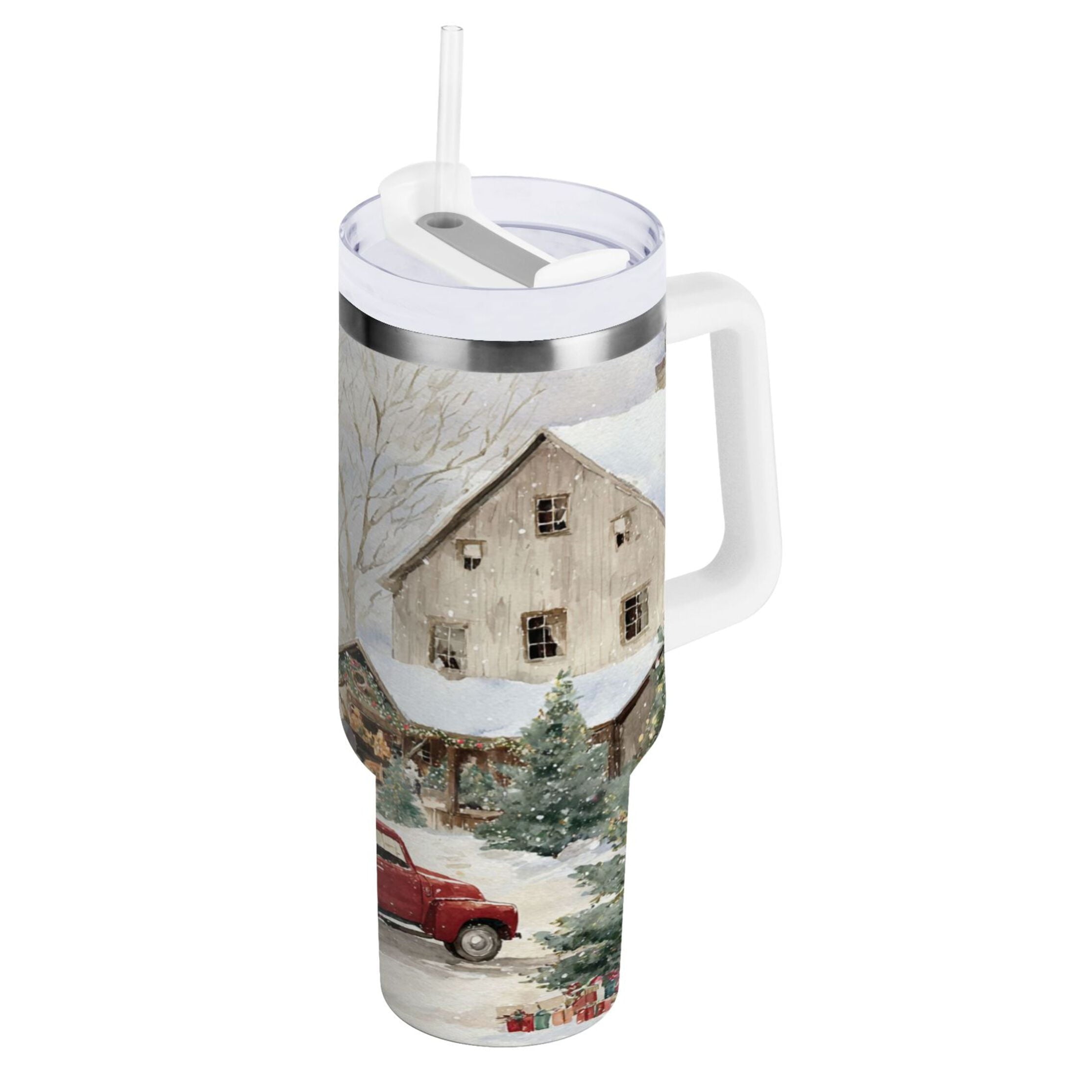 40 oz Insulated Stainless Steel Tumbler Double Wall Stainless Steel Tumbler with 2-Way Drinking Farm Snow Scene Edition-R2SL