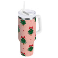 40 oz Insulated Stainless Steel Tumbler Double Wall Stainless Steel Tumbler with 2-Way Drinking Green Trees and Red Bows Edition-R91P