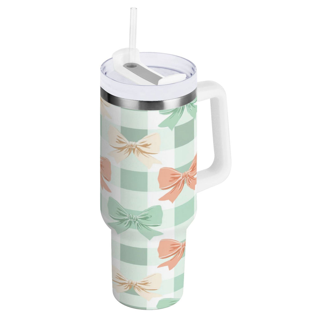 40 oz Insulated Stainless Steel Tumbler Double Wall Stainless Steel Tumbler with 2-Way Drinking Green and Peach Bow Pattern Edition-U5S0