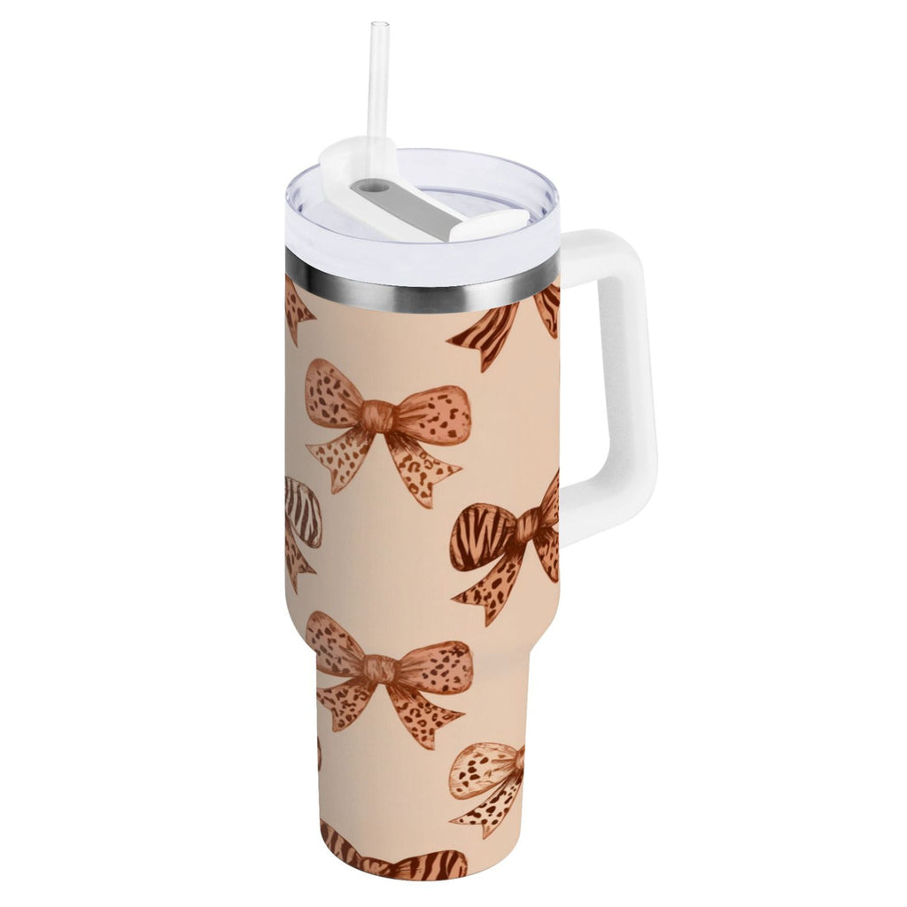 40 oz Insulated Stainless Steel Tumbler Double Wall Stainless Steel Tumbler with 2-Way Drinking Leopard Print Bow Edition-KO3I