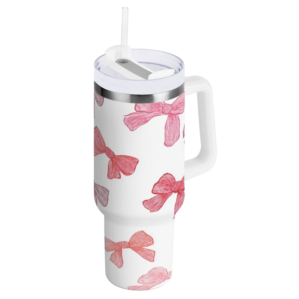 40 oz Insulated Stainless Steel Tumbler Double Wall Stainless Steel Tumbler with 2-Way Drinking Pink Bows Pattern Edition-TQX9