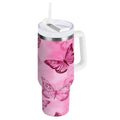 40 oz Insulated Stainless Steel Tumbler Double Wall Stainless Steel Tumbler with 2-Way Drinking Pink Butterfly Pattern Edition-BXAN