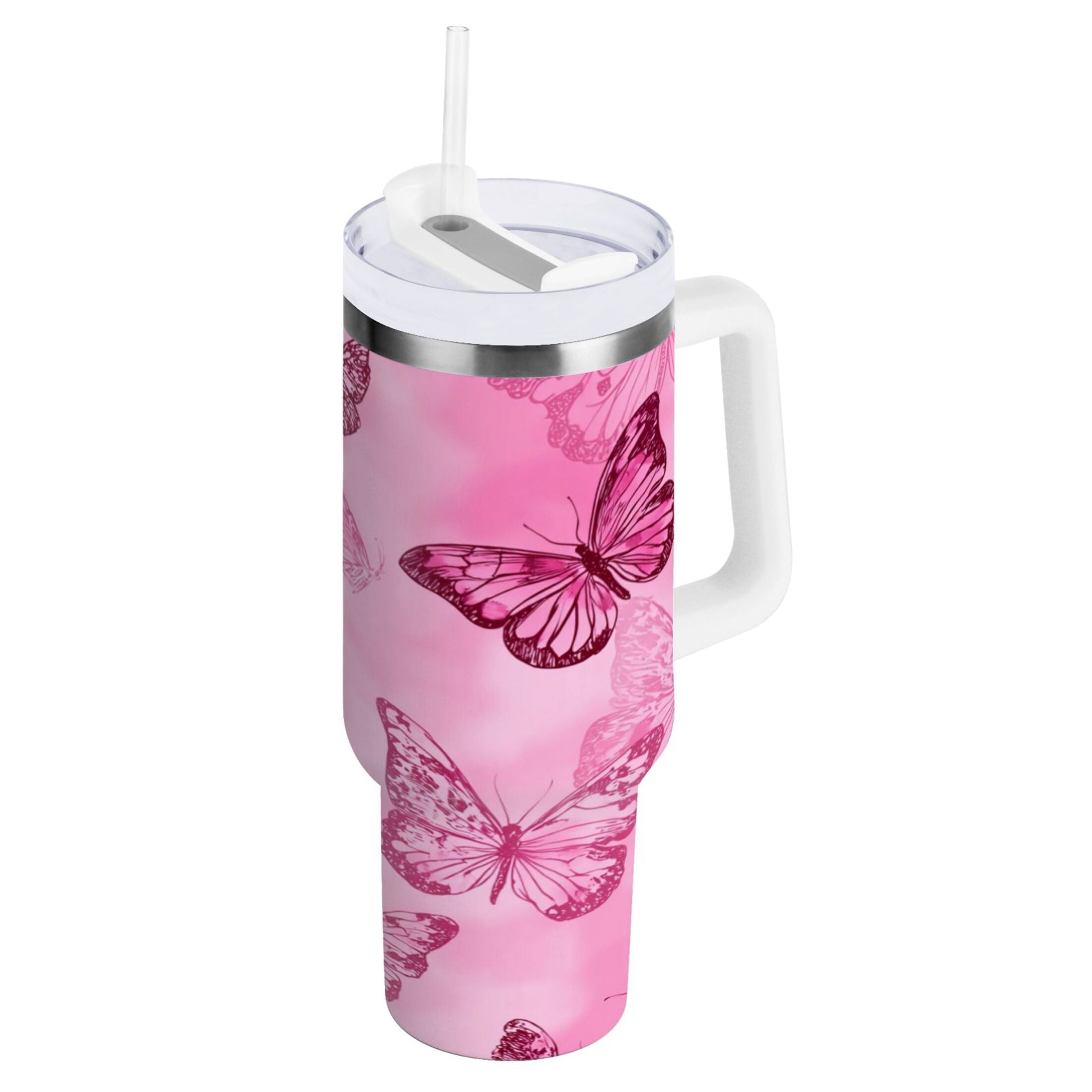 40 oz Insulated Stainless Steel Tumbler Double Wall Stainless Steel Tumbler with 2-Way Drinking Pink Butterfly Pattern Edition-BXAN