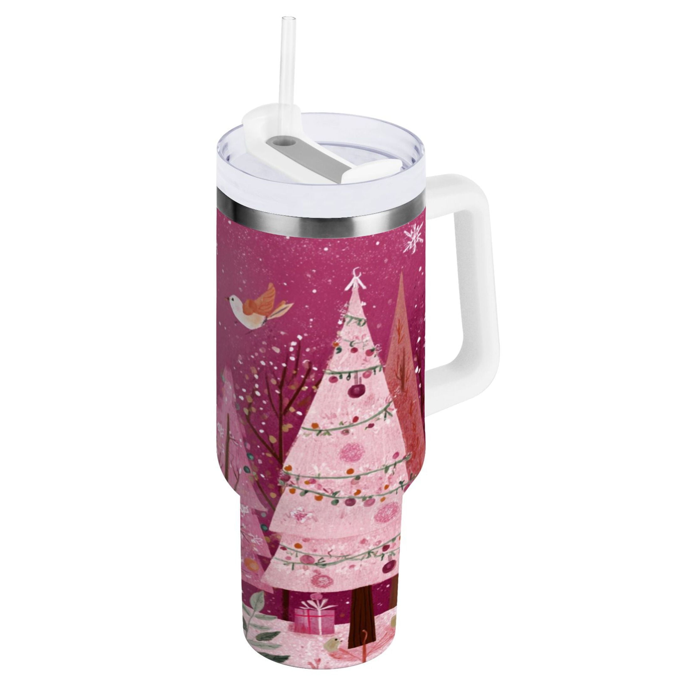 40 oz Insulated Stainless Steel Tumbler Double Wall Stainless Steel Tumbler with 2-Way Drinking Pink Christmas Forest Edition-82N0