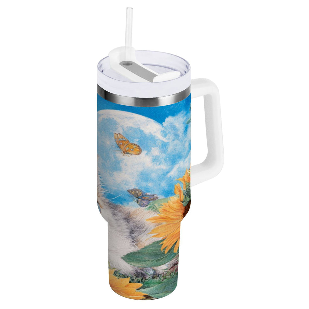 40 oz Insulated Stainless Steel Tumbler Double Wall Stainless Steel Tumbler with 2-Way Drinking Playful Cat Lying Sunflowers Edition-BO3C