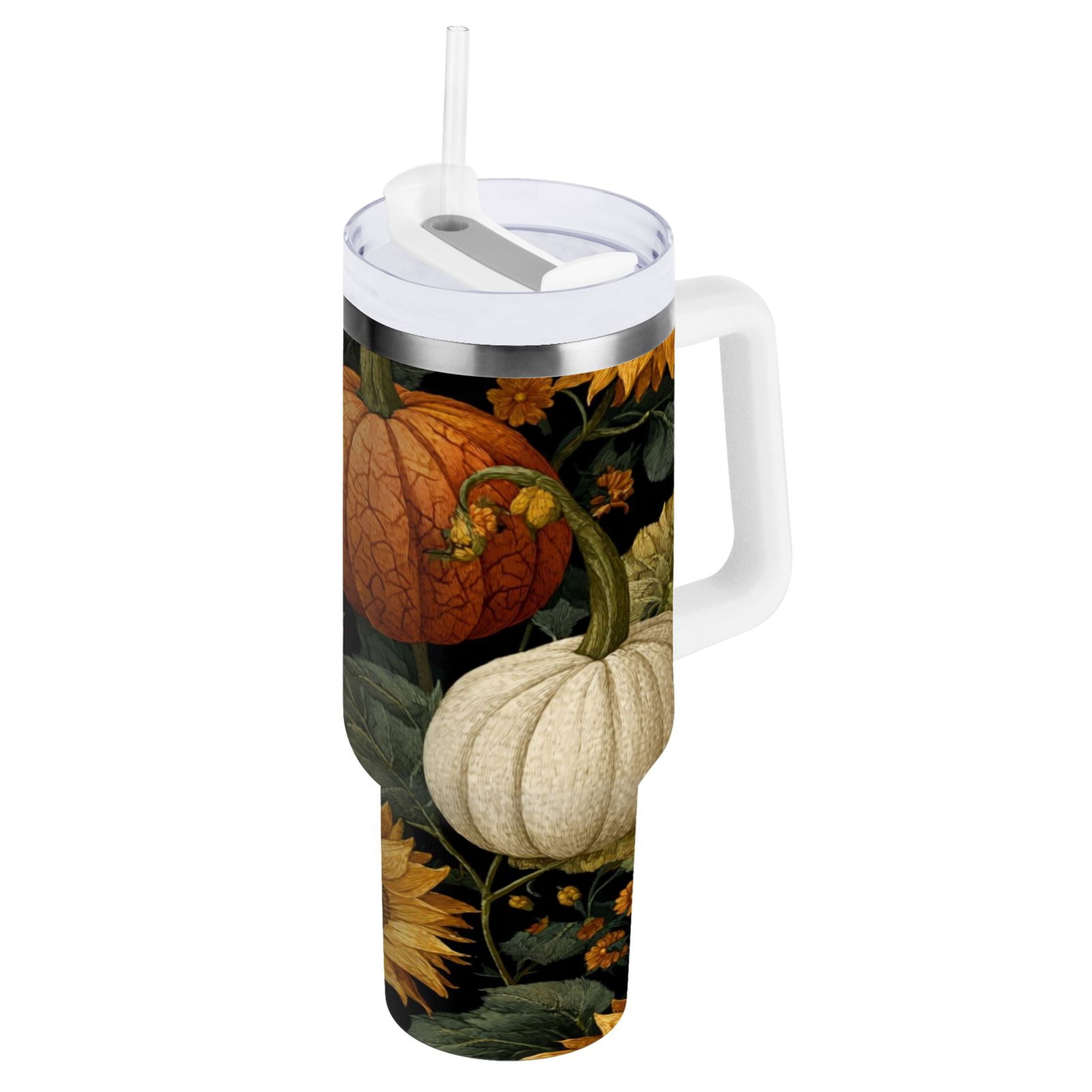 40 oz Insulated Stainless Steel Tumbler Double Wall Stainless Steel Tumbler with 2-Way Drinking Pumpkins and Sunflowers Pattern Edition-HSMJ