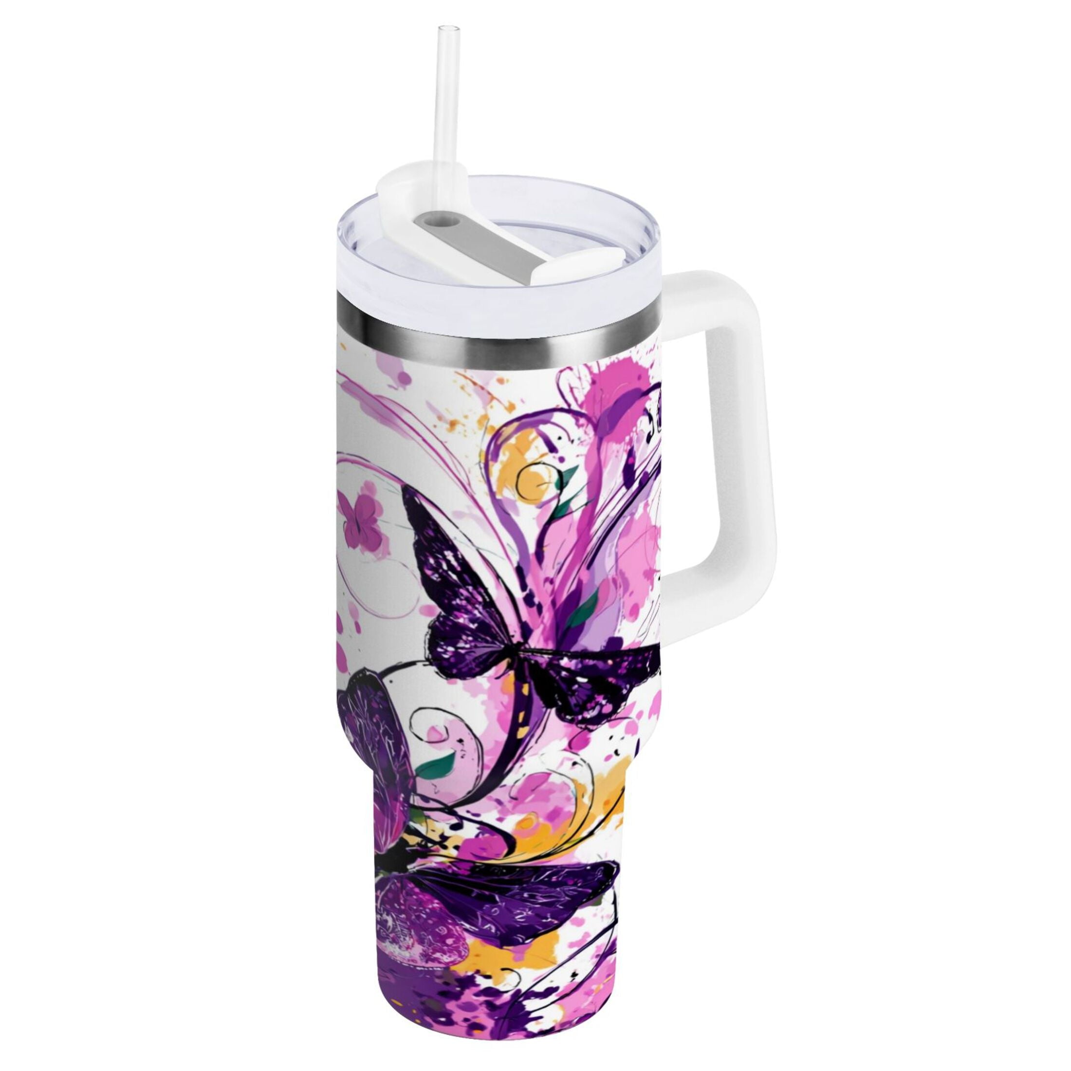 40 oz Insulated Stainless Steel Tumbler Double Wall Stainless Steel Tumbler with 2-Way Drinking Purple Butterfly Edition-VGM8