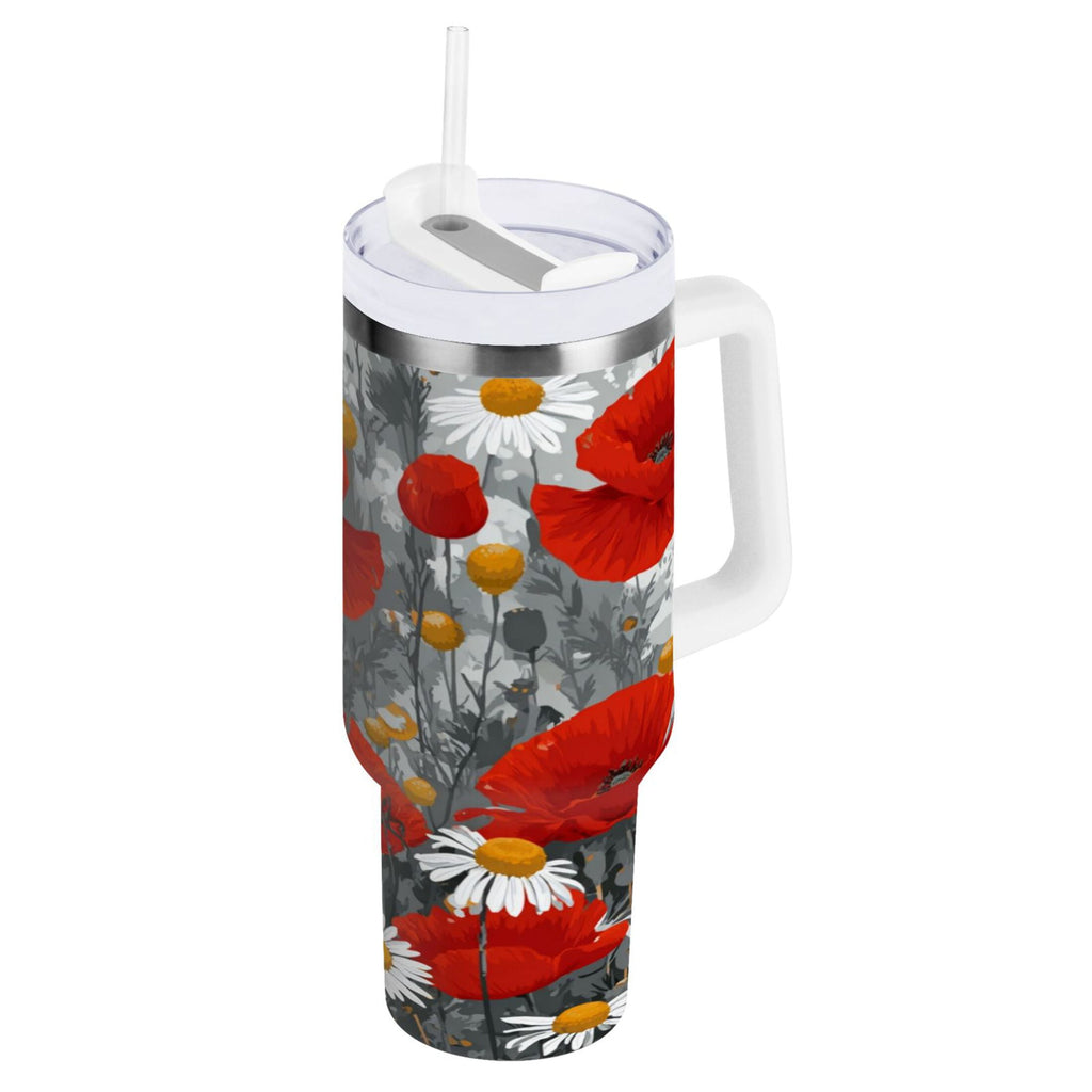 40 oz Insulated Stainless Steel Tumbler Double Wall Stainless Steel Tumbler with 2-Way Drinking Red Flowers and Daisies Edition-3930