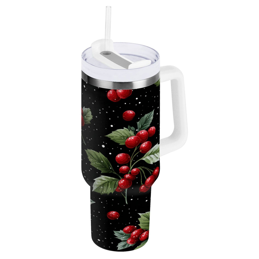 40 oz Insulated Stainless Steel Tumbler Double Wall Stainless Steel Tumbler with 2-Way Drinking Red Holly Berries Pattern Edition-537V
