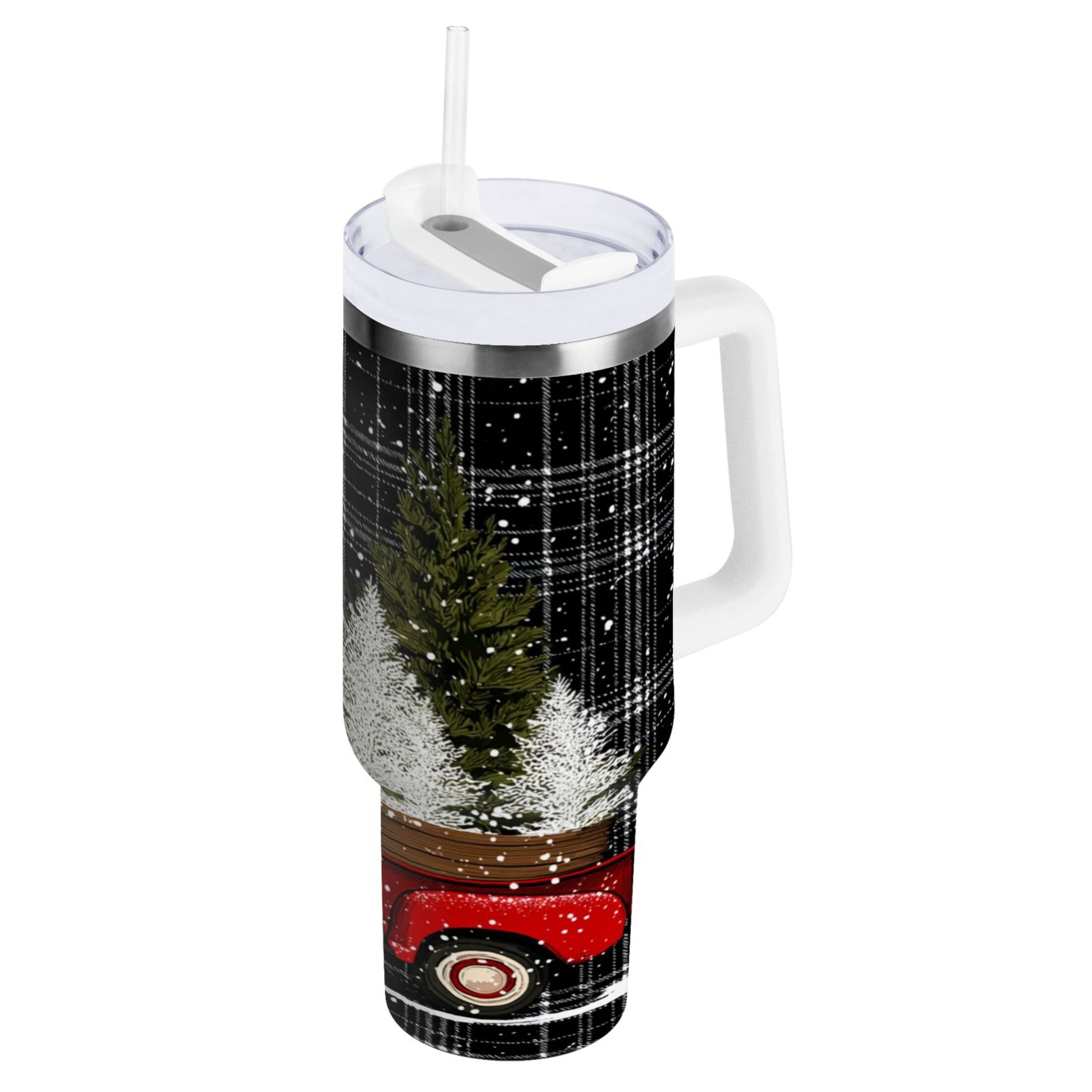 40 oz Insulated Stainless Steel Tumbler Double Wall Stainless Steel Tumbler with 2-Way Drinking Red Truck with Christmas Tree Edition-1SYY