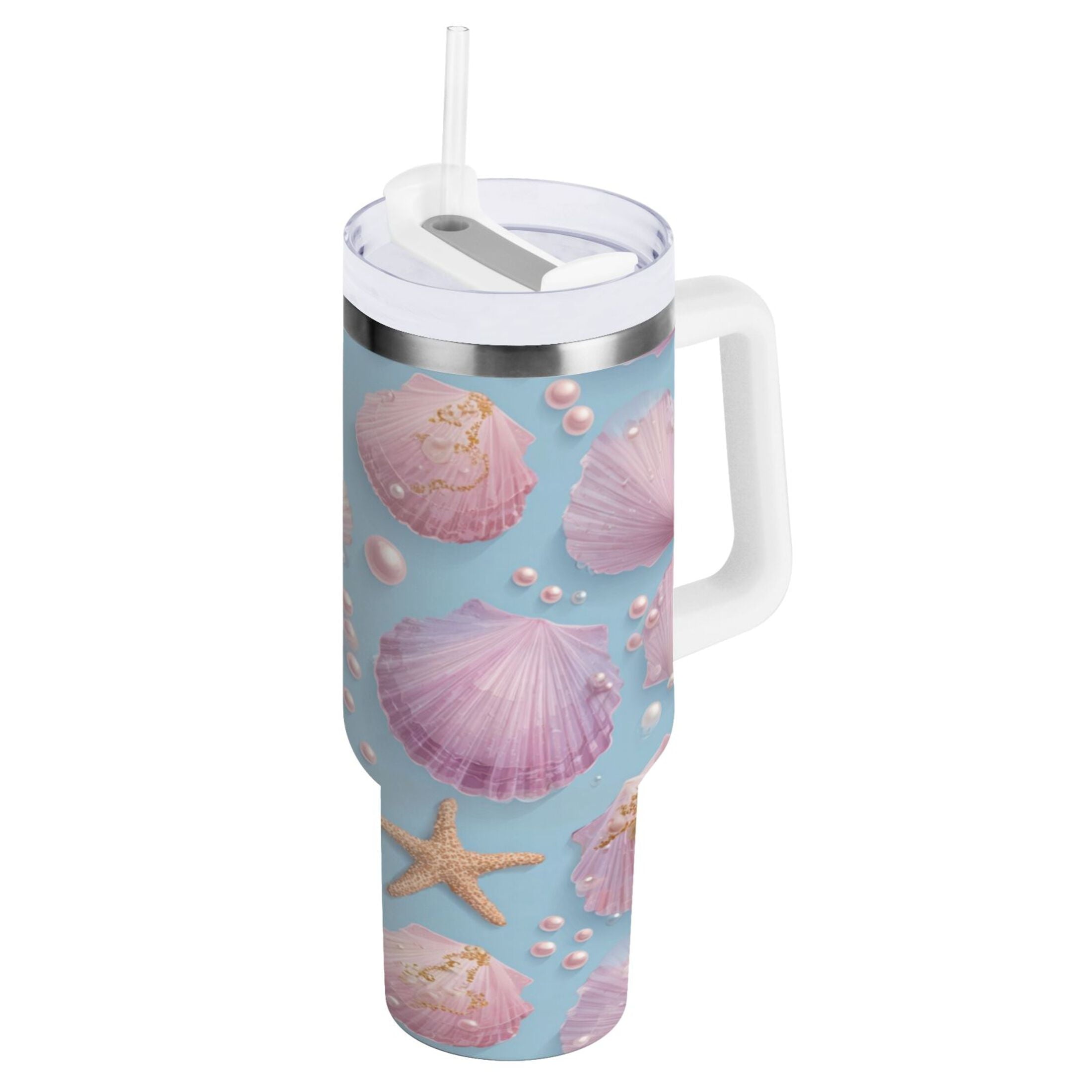 40 oz Insulated Stainless Steel Tumbler Double Wall Stainless Steel Tumbler with 2-Way Drinking Seashells and Pearls Pattern Edition-EKJY