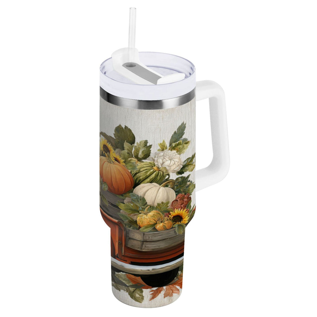 40 oz Insulated Stainless Steel Tumbler Double Wall Stainless Steel Tumbler with 2-Way Drinking Truck Full Of Pumpkins Edition-XDON