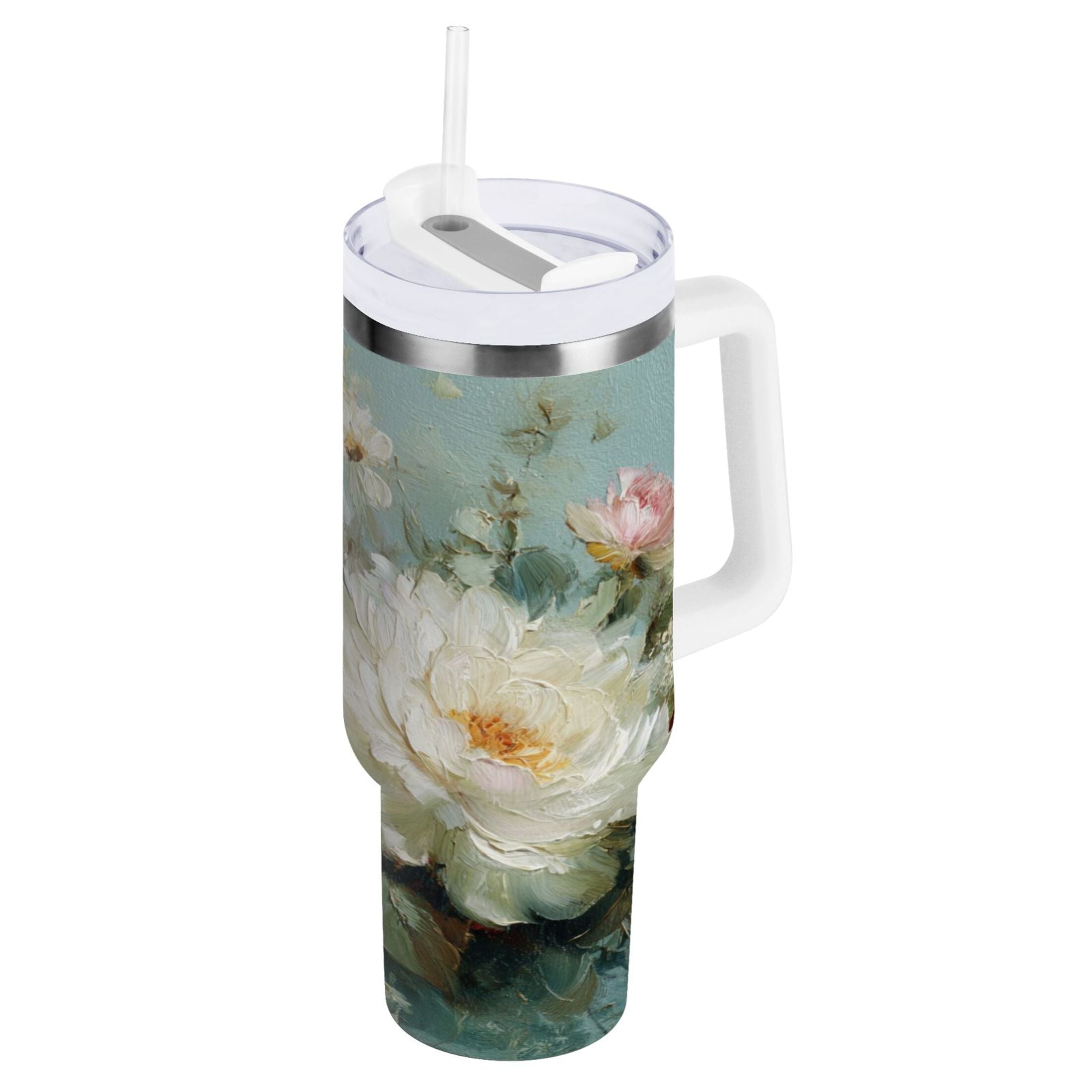 40 oz Insulated Stainless Steel Tumbler Double Wall Stainless Steel Tumbler with 2-Way Drinking Vintage Peonies and Daisies Edition-D83F