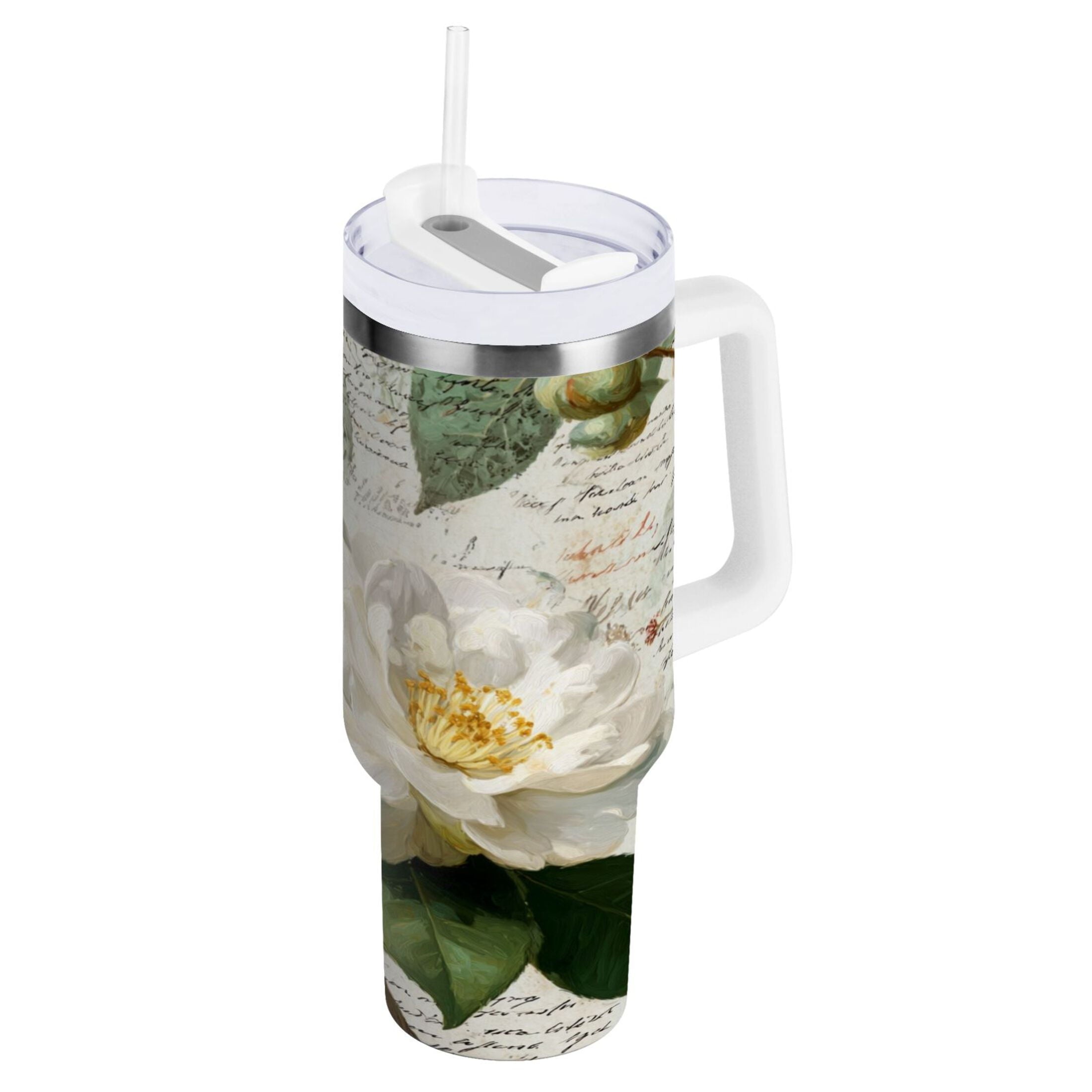 40 oz Insulated Stainless Steel Tumbler Double Wall Stainless Steel Tumbler with 2-Way Drinking Vintage White Camellias Edition-GF37
