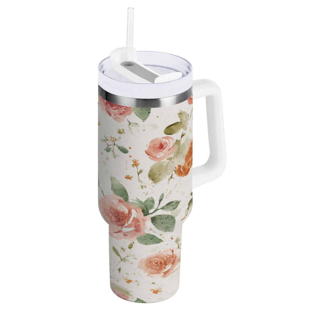 40 oz Insulated Stainless Steel Tumbler Double Wall Stainless Steel Tumbler with 2-Way Drinking Watercolor Rose Floral Pattern Edition-9A68