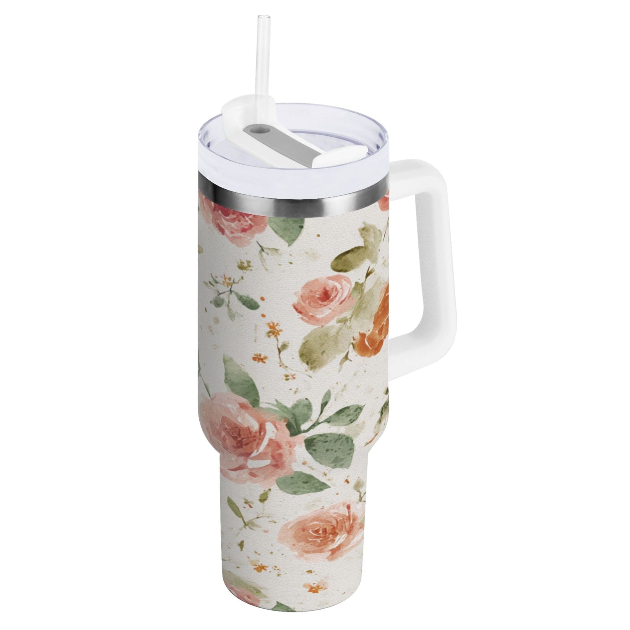 40 oz Insulated Stainless Steel Tumbler Double Wall Stainless Steel Tumbler with 2-Way Drinking Watercolor Rose Floral Pattern Edition-9A68
