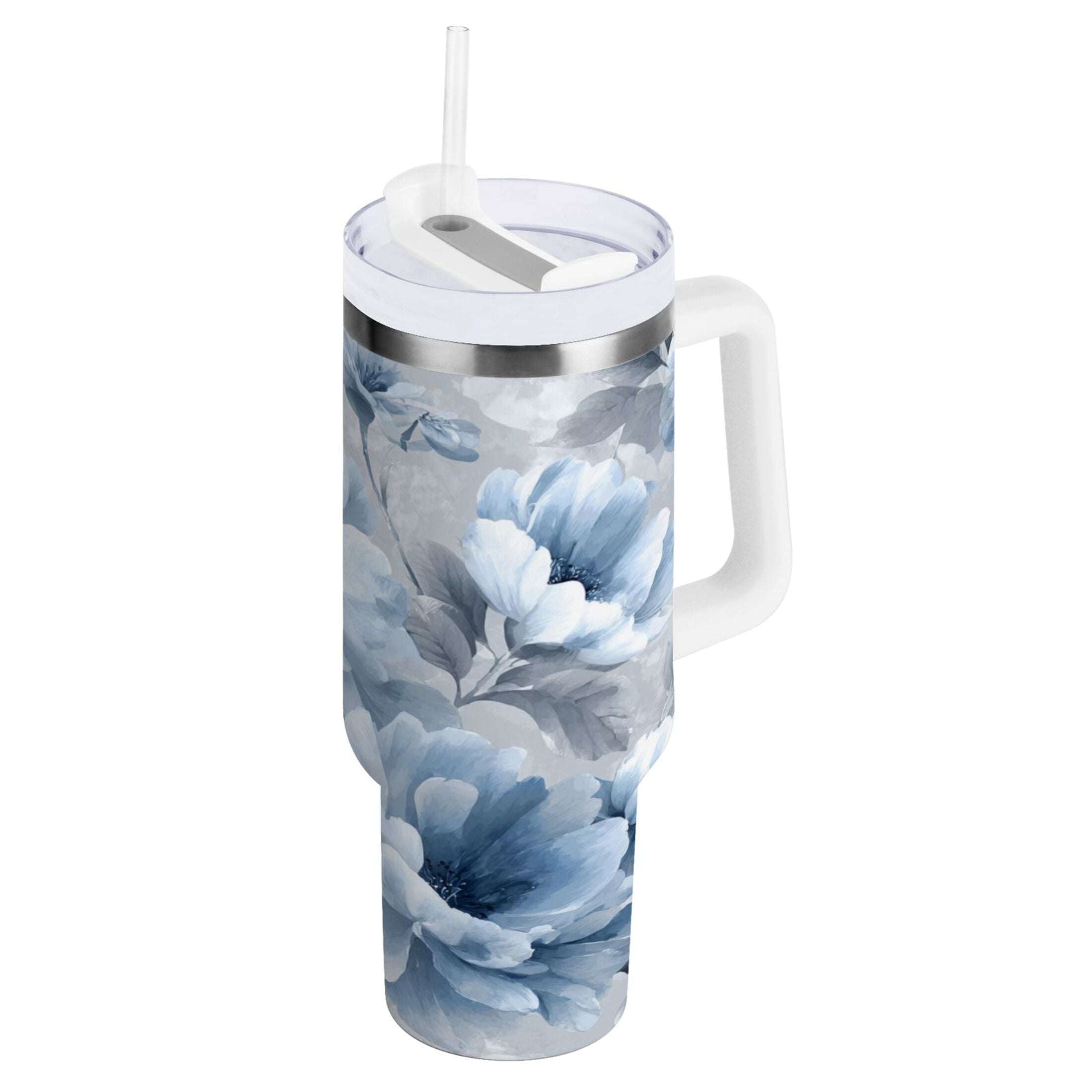 40 oz Insulated Stainless Steel Tumbler Double Wall Stainless Steel Tumbler with 2-Way Drinking White Floral Pattern Edition-V2DM
