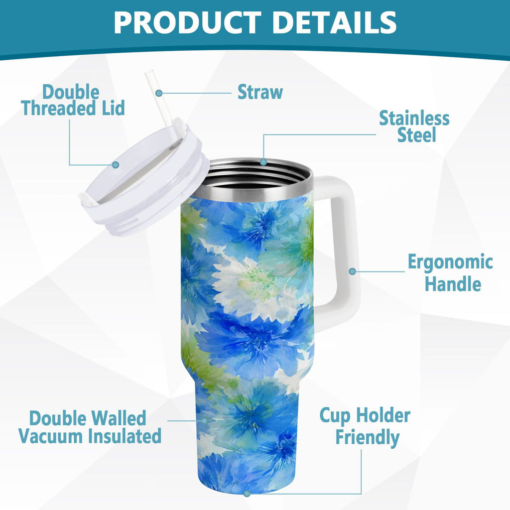 40 oz Insulated Stainless Steel Tumbler Double Wall Stainless Steel Tumbler with 2-Way Drinking Watercolor Blue Cornflowers Edition-E085
