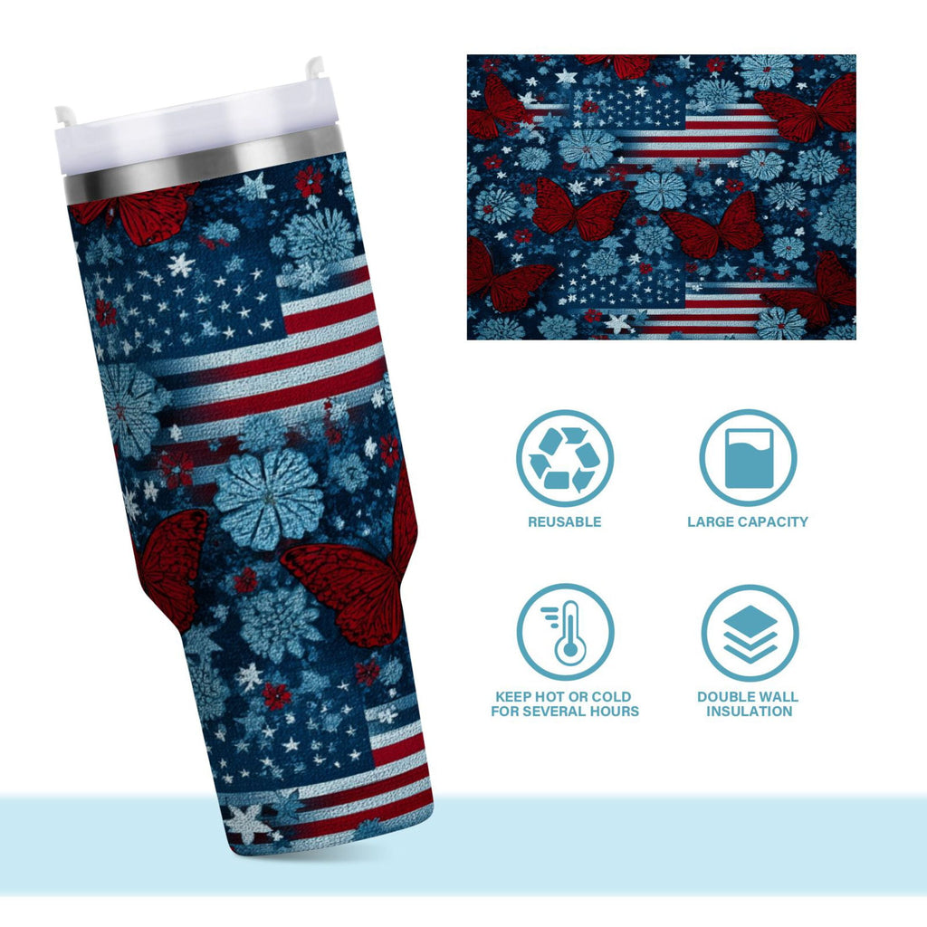 30 oz Insulated Stainless Steel Tumbler Double Wall Stainless Steel Tumbler with 2-Way Drinking Red Butterflies and Flags Edition-8NJA