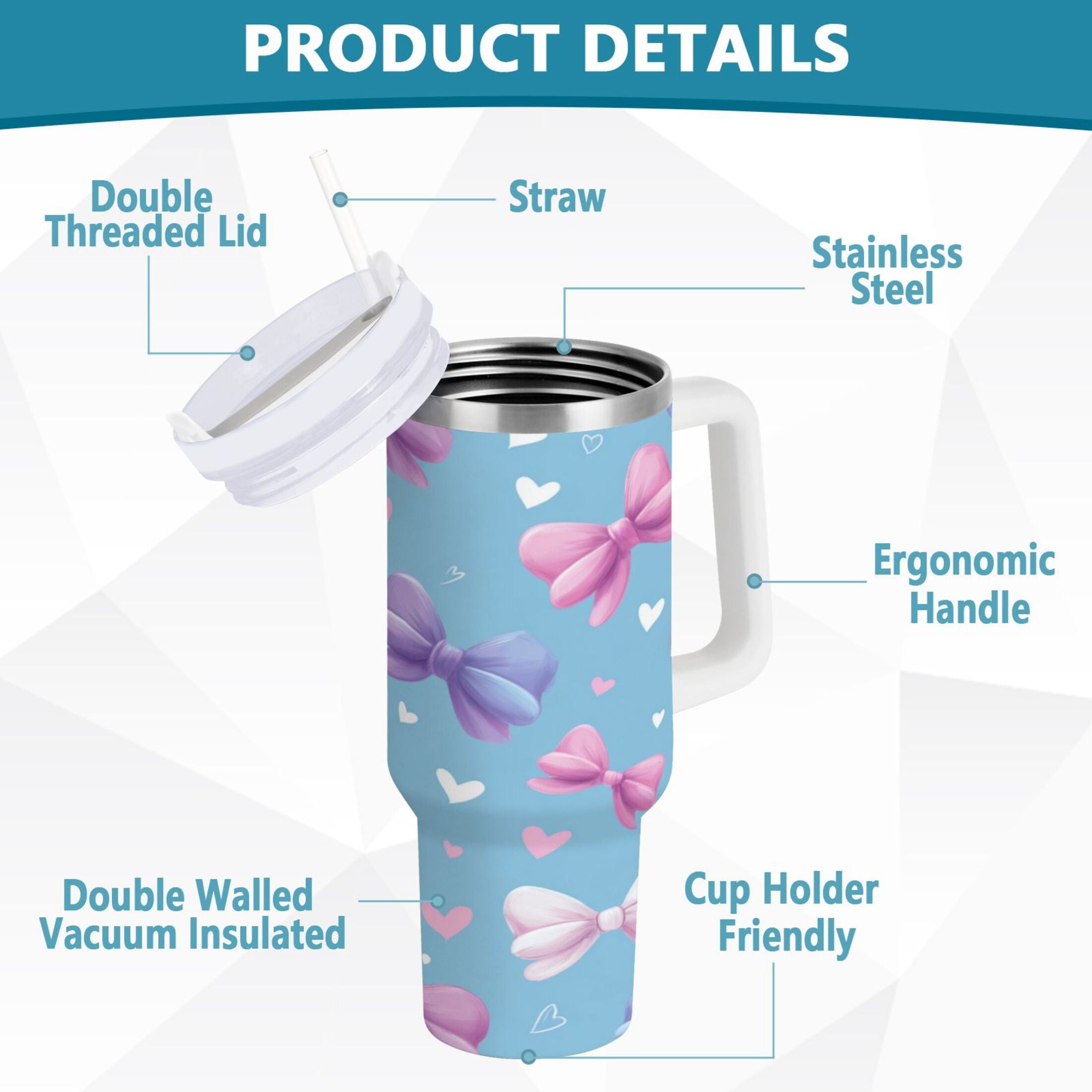 30 oz Insulated Stainless Steel Tumbler Double Wall Stainless Steel Tumbler with 2-Way Drinking Pink and Purple Bows Edition-NYJ5