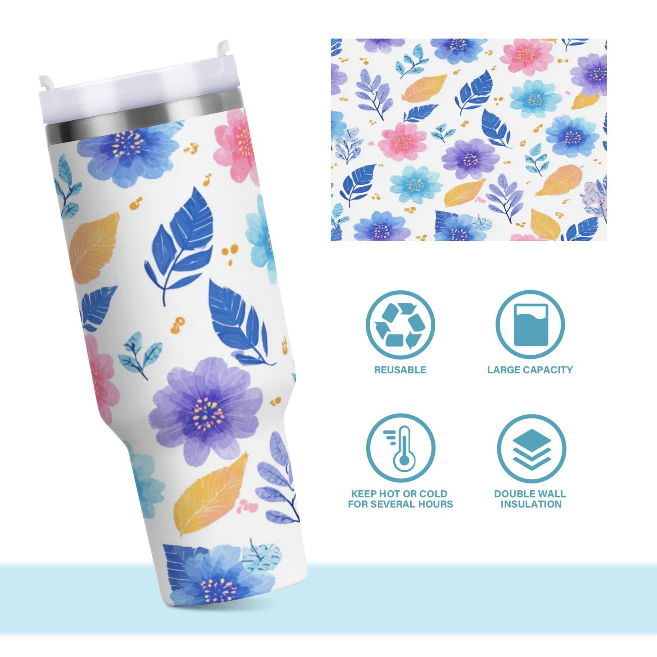 30 oz Insulated Stainless Steel Tumbler Double Wall Stainless Steel Tumbler with 2-Way Drinking Blue and Purple Flowers Edition-VO3K