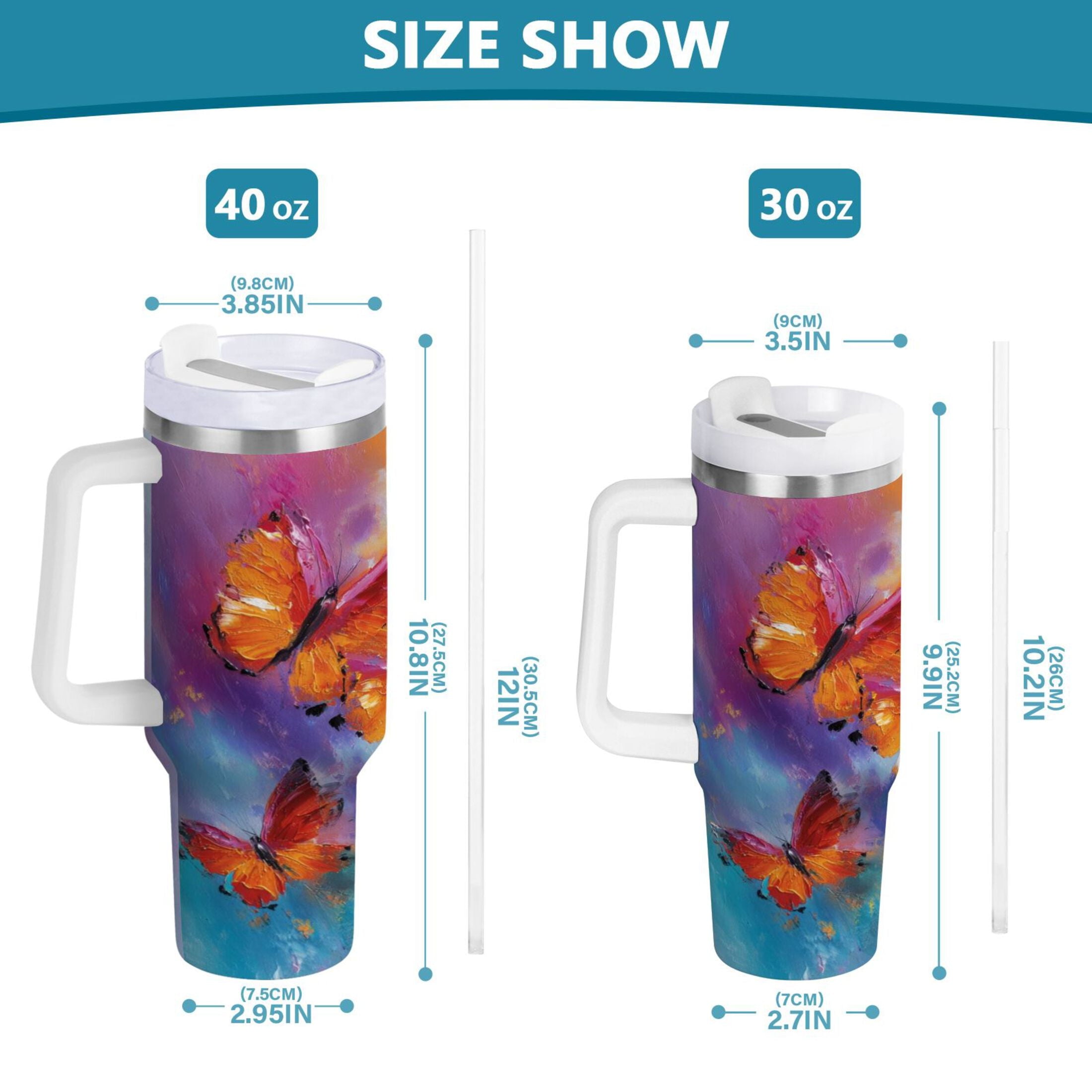 30 oz Insulated Stainless Steel Tumbler Double Wall Stainless Steel Tumbler with 2-Way Drinking Red and Orange Butterflies Edition-VPZQ