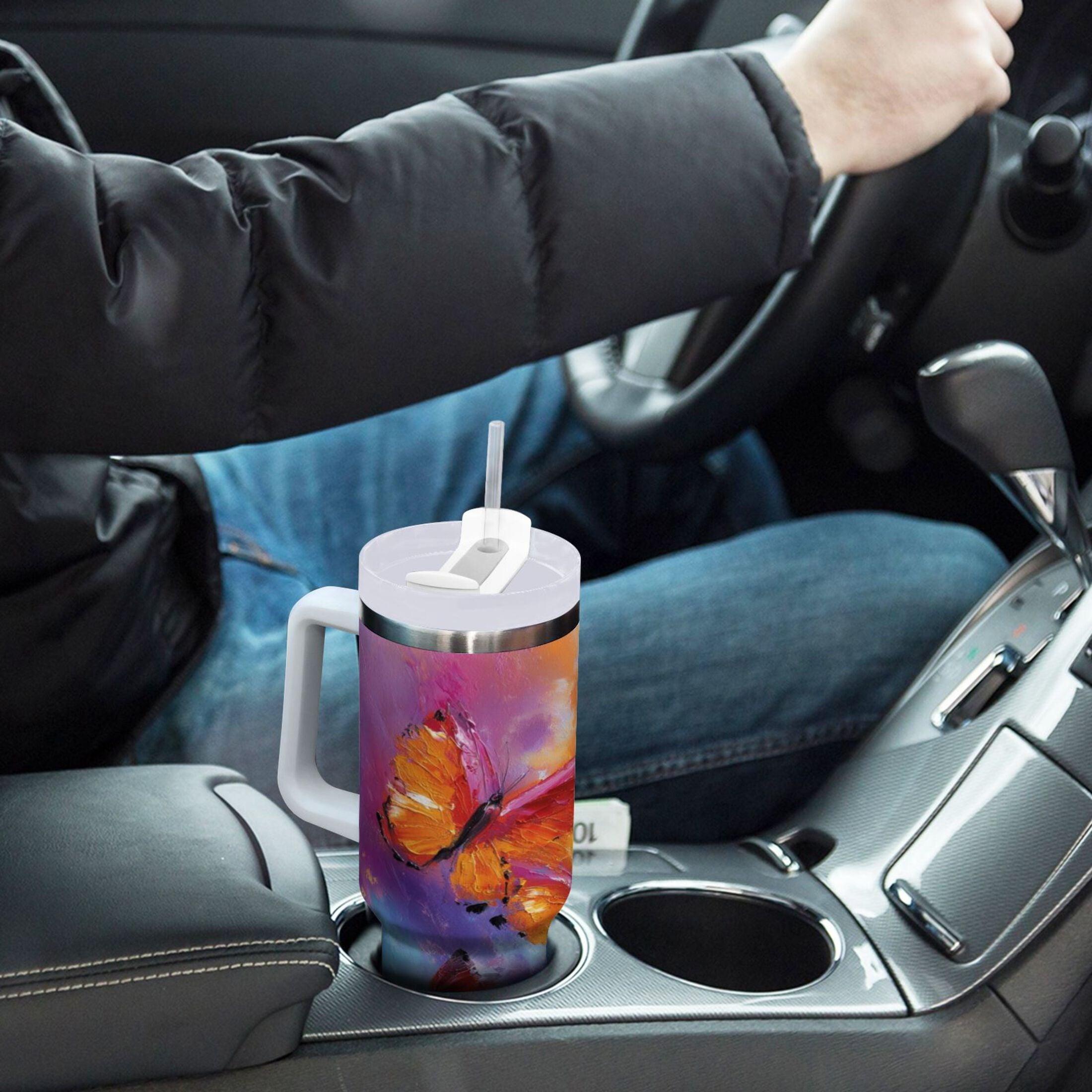 30 oz Insulated Stainless Steel Tumbler Double Wall Stainless Steel Tumbler with 2-Way Drinking Red and Orange Butterflies Edition-VPZQ