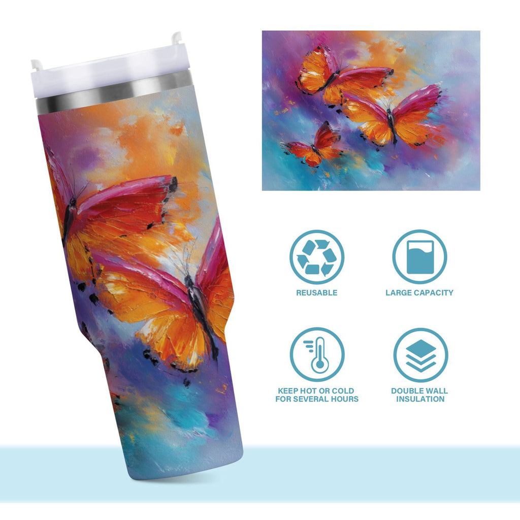 30 oz Insulated Stainless Steel Tumbler Double Wall Stainless Steel Tumbler with 2-Way Drinking Red and Orange Butterflies Edition-VPZQ