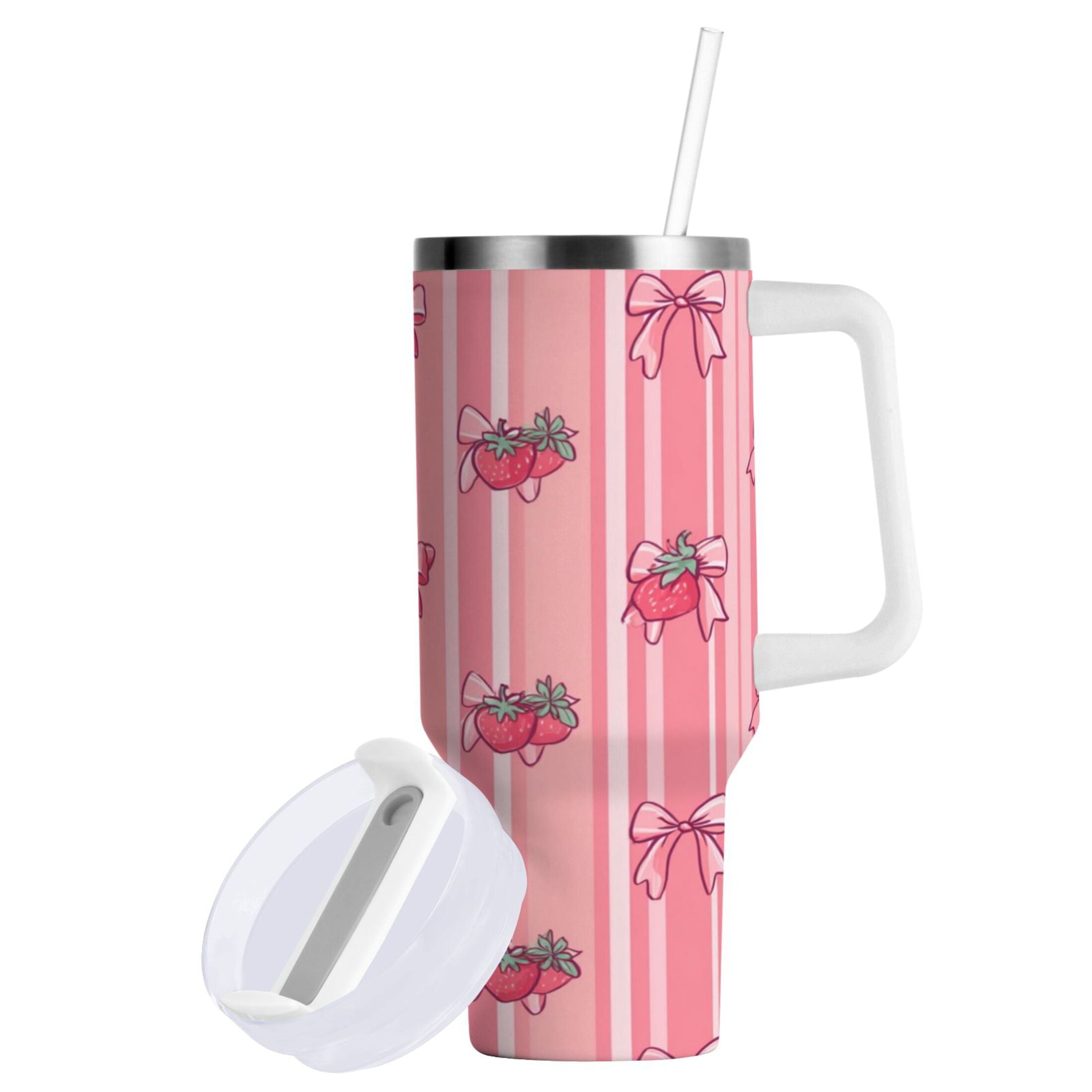30 oz Insulated Stainless Steel Tumbler Double Wall Stainless Steel Tumbler with 2-Way Drinking Pink Bows and Strawberries Edition-BMYI