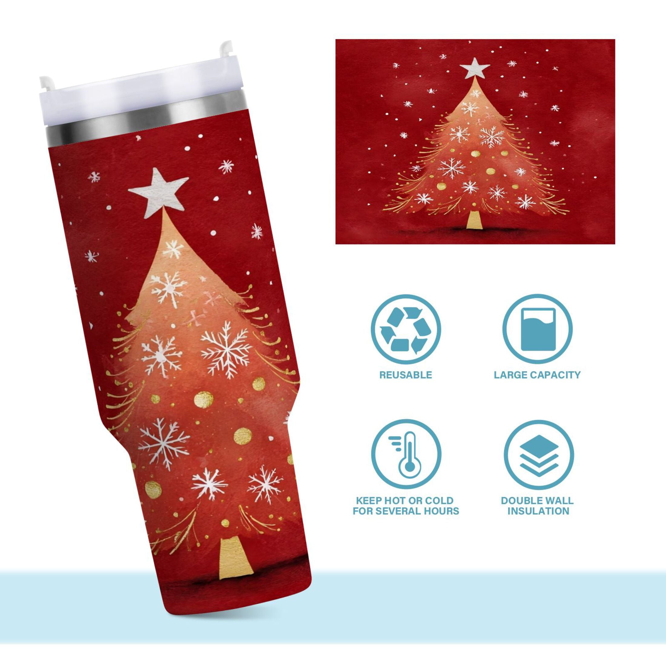 40 oz Insulated Stainless Steel Tumbler Double Wall Stainless Steel Tumbler with 2-Way Drinking Red Christmas Tree Edition-0RK4