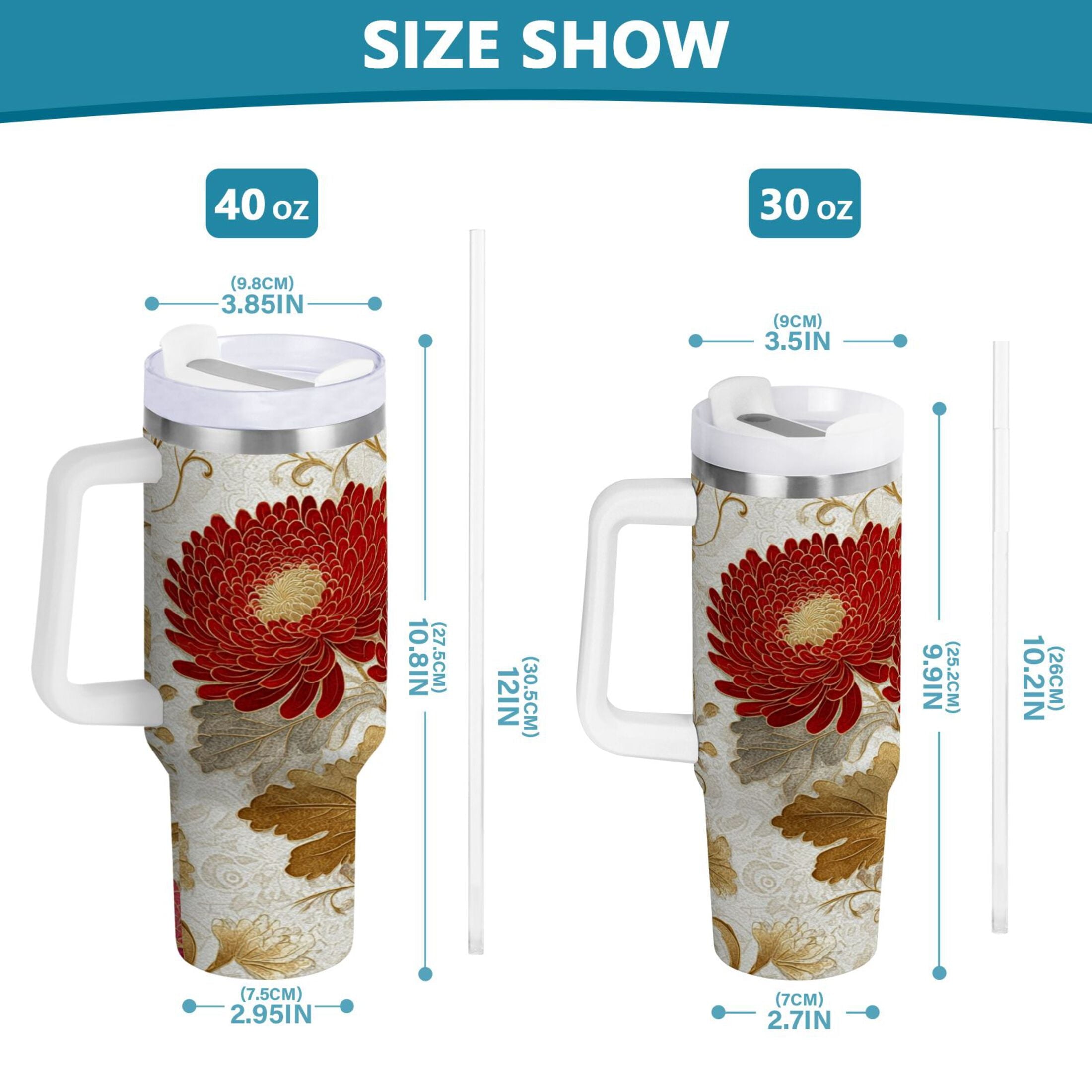 30 oz Insulated Stainless Steel Tumbler Double Wall Stainless Steel Tumbler with 2-Way Drinking Red Chrysanthemum Pattern Edition-ETUM