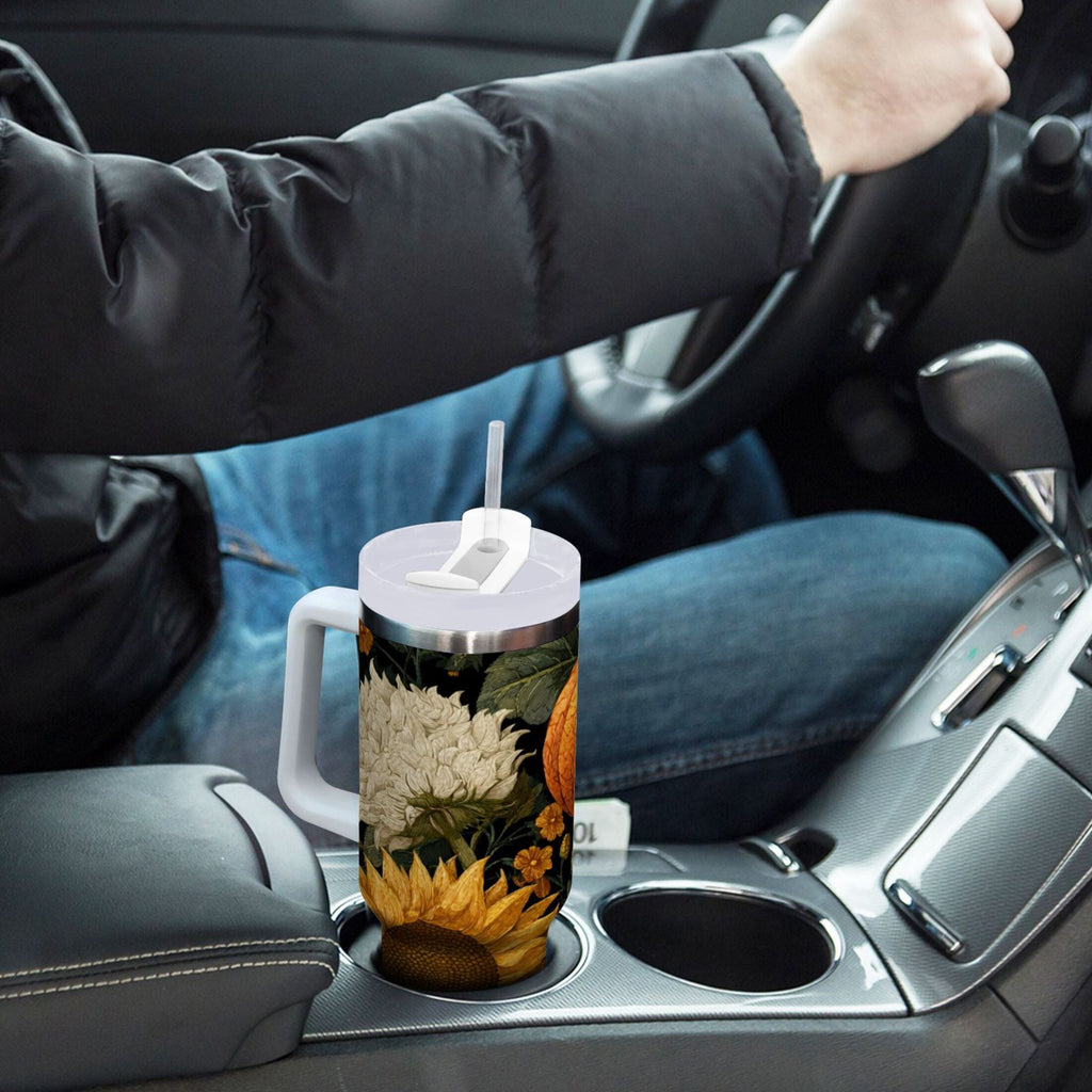 40 oz Insulated Stainless Steel Tumbler Double Wall Stainless Steel Tumbler with 2-Way Drinking Pumpkins and Sunflowers Pattern Edition-HSMJ