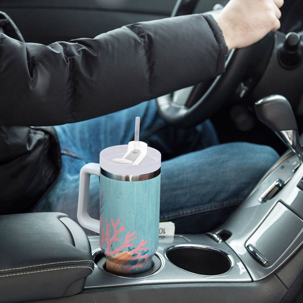 40 oz Insulated Stainless Steel Tumbler Double Wall Stainless Steel Tumbler with 2-Way Drinking Colorful Starfish and Seashells Edition-VYQK
