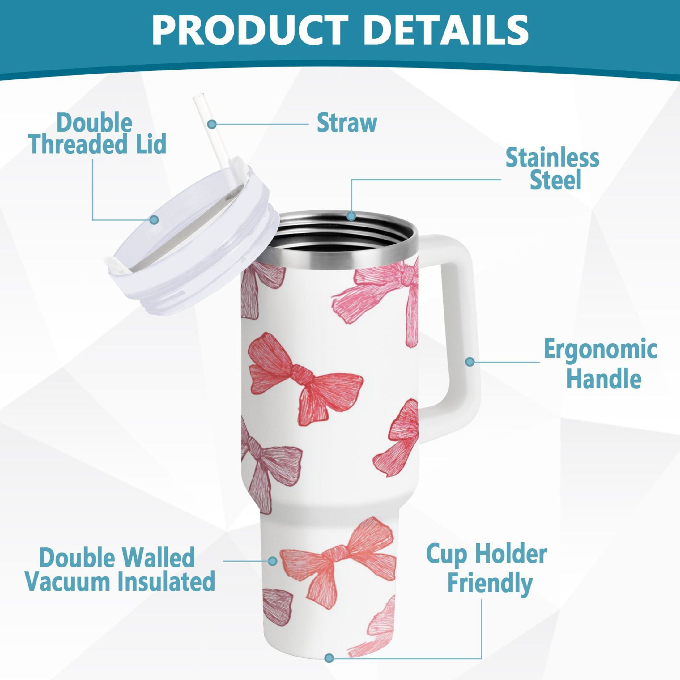 40 oz Insulated Stainless Steel Tumbler Double Wall Stainless Steel Tumbler with 2-Way Drinking Pink Bows Pattern Edition-TQX9