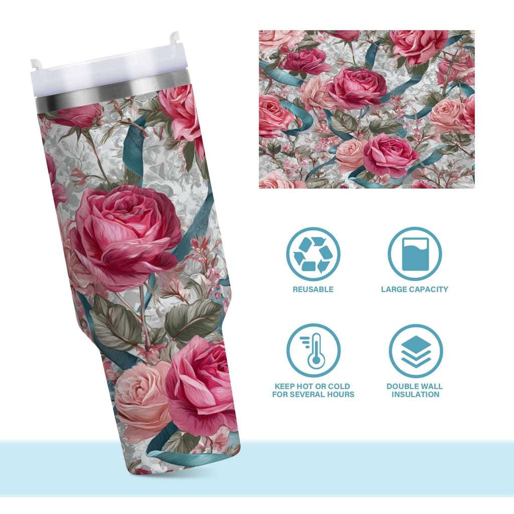 30 oz Insulated Stainless Steel Tumbler Double Wall Stainless Steel Tumbler with 2-Way Drinking Roses and Ribbons Edition-JE1H