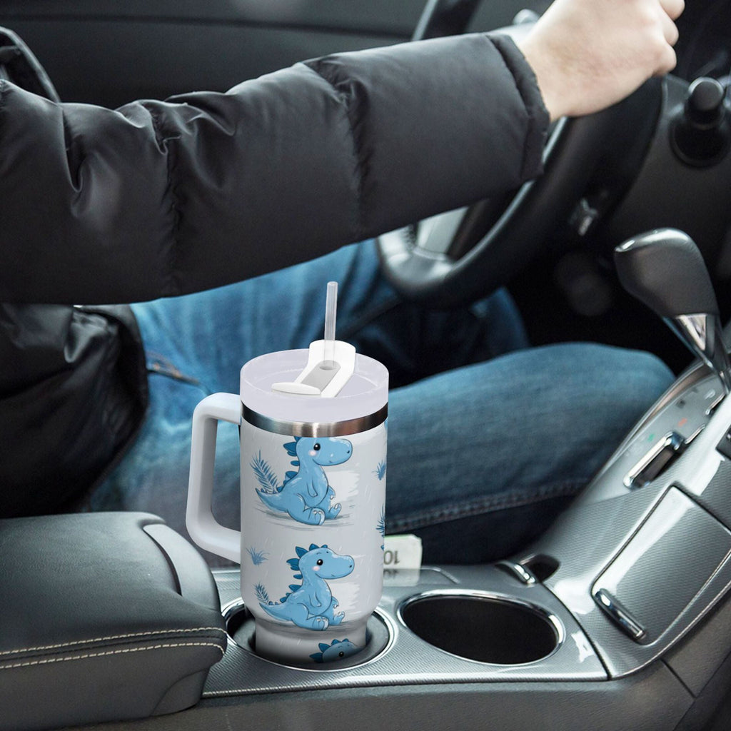 30 oz Insulated Stainless Steel Tumbler Double Wall Stainless Steel Tumbler with 2-Way Drinking Cartoon Blue Dinosaurs Edition-MCV3