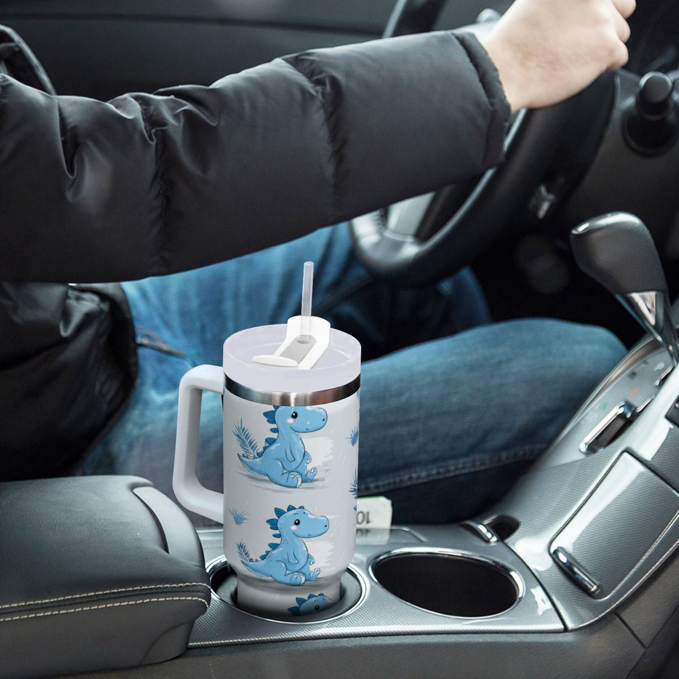 30 oz Insulated Stainless Steel Tumbler Double Wall Stainless Steel Tumbler with 2-Way Drinking Cartoon Blue Dinosaurs Edition-MCV3