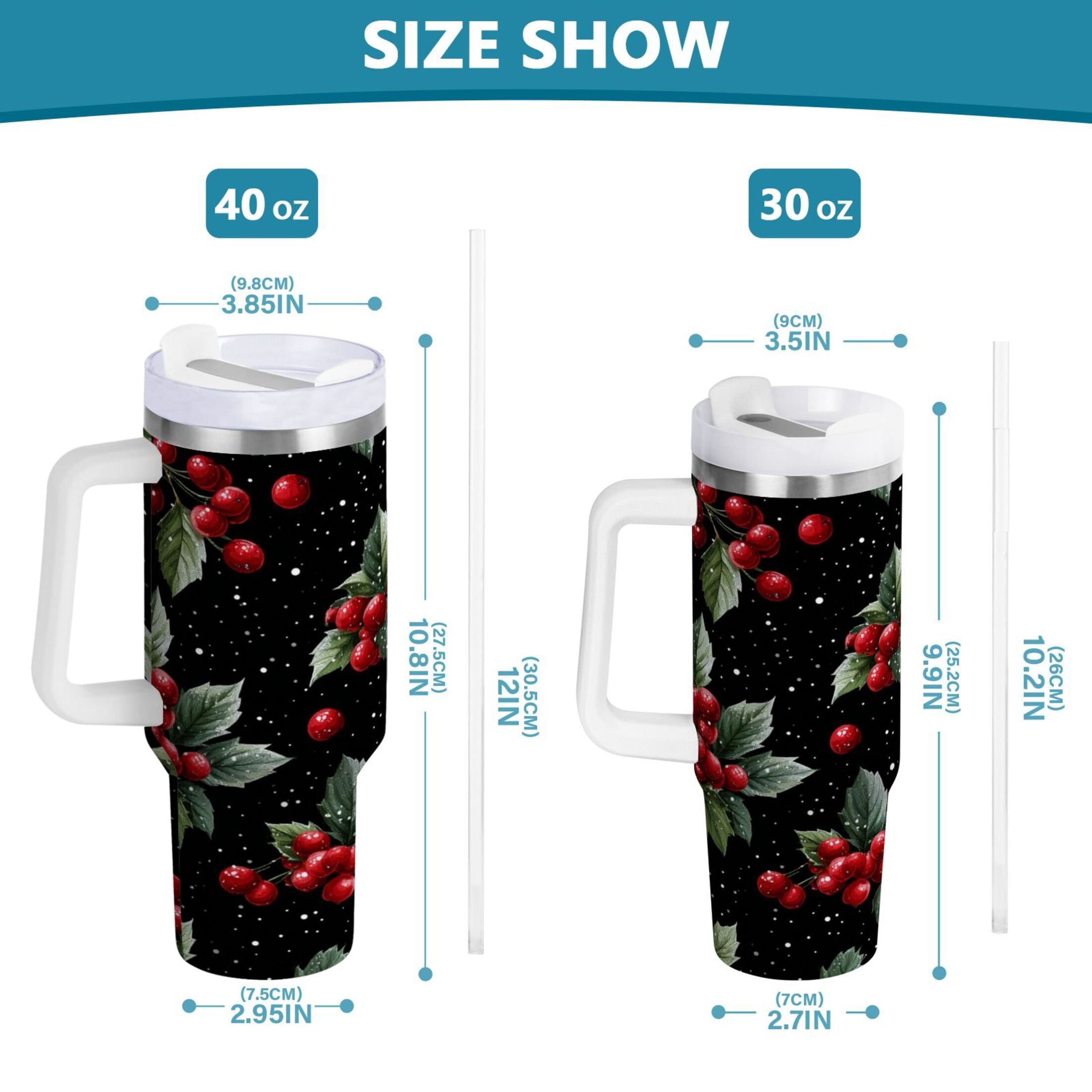 40 oz Insulated Stainless Steel Tumbler Double Wall Stainless Steel Tumbler with 2-Way Drinking Red Holly Berries Pattern Edition-537V