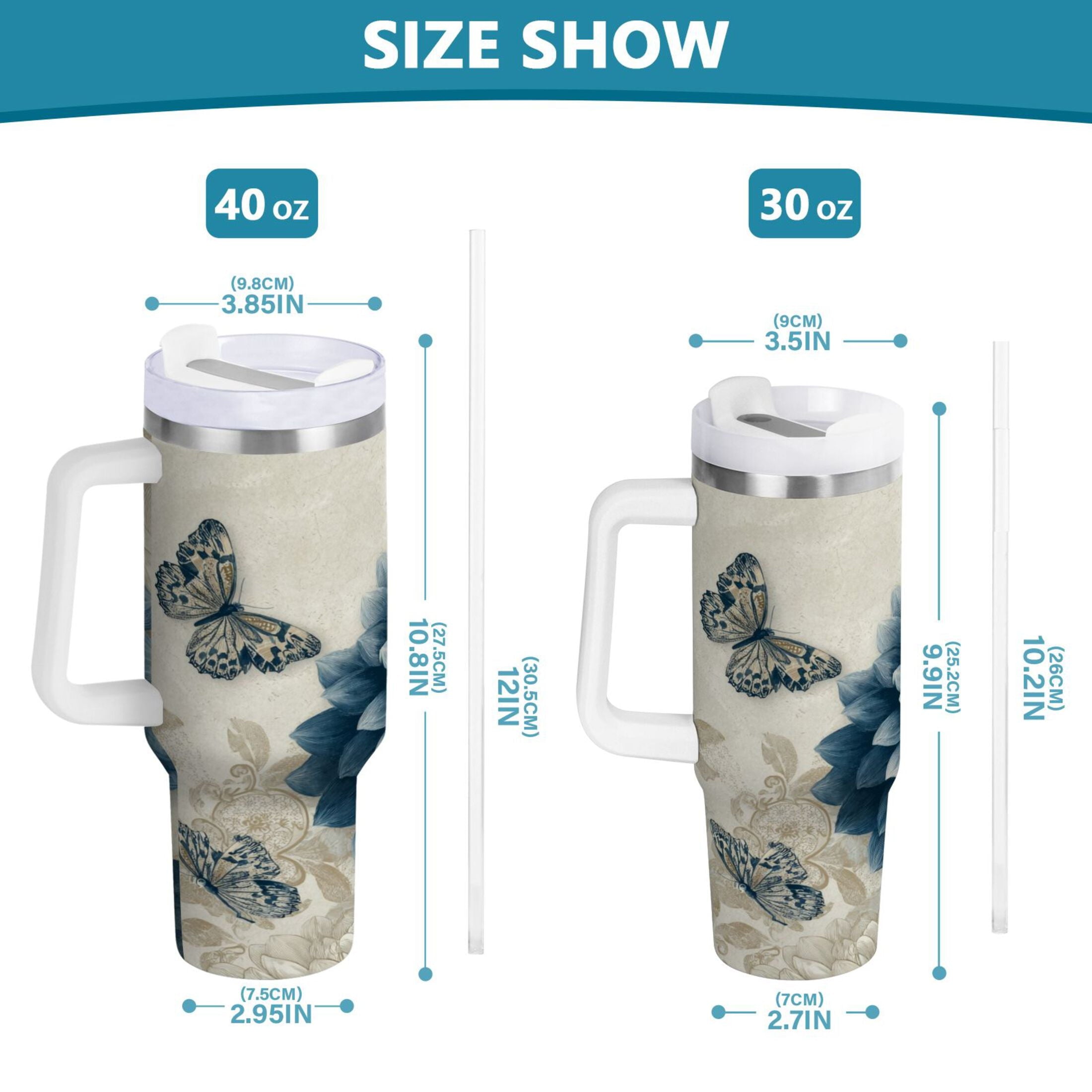 40 oz Insulated Stainless Steel Tumbler Double Wall Stainless Steel Tumbler with 2-Way Drinking Blue Flower with Butterflies Edition-SVV5