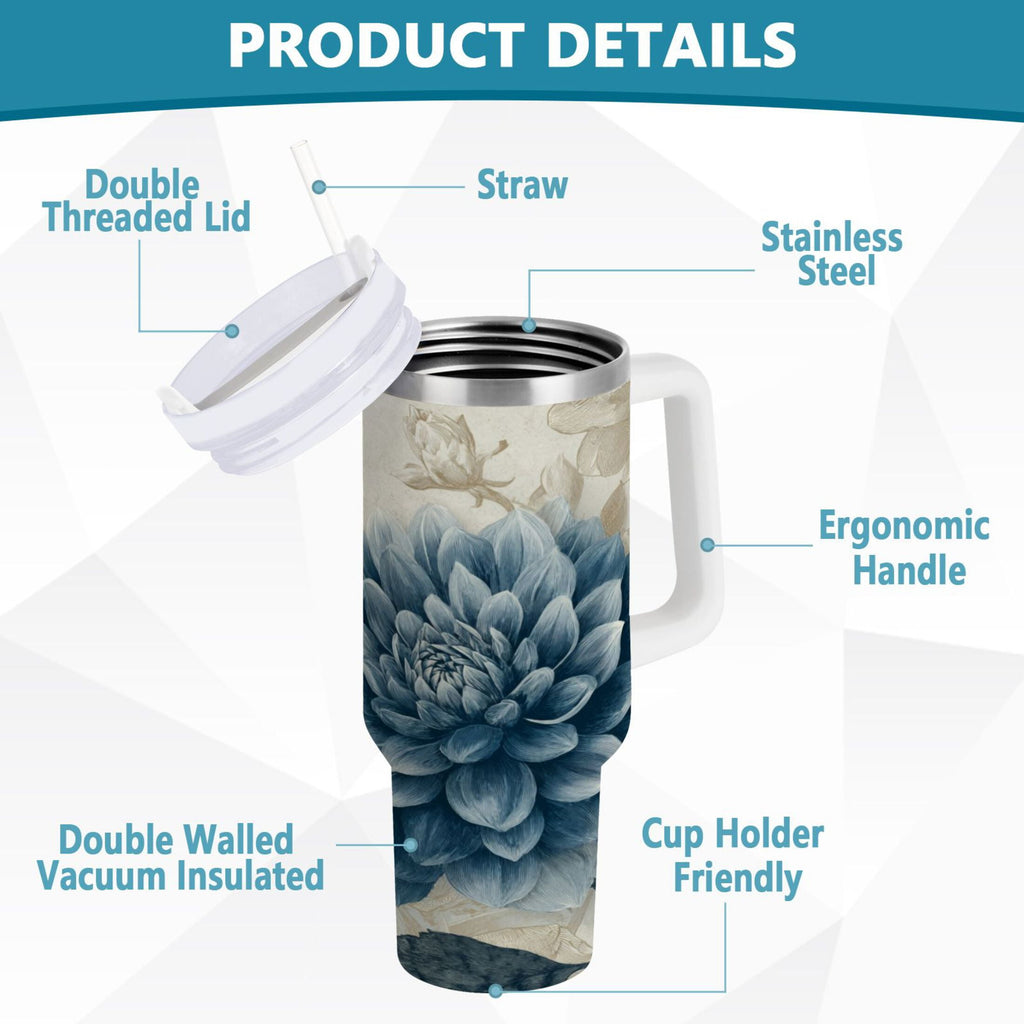 40 oz Insulated Stainless Steel Tumbler Double Wall Stainless Steel Tumbler with 2-Way Drinking Blue Flower with Butterflies Edition-SVV5