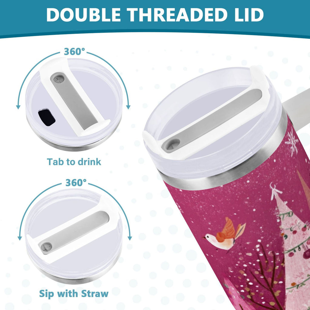 40 oz Insulated Stainless Steel Tumbler Double Wall Stainless Steel Tumbler with 2-Way Drinking Pink Christmas Forest Edition-82N0