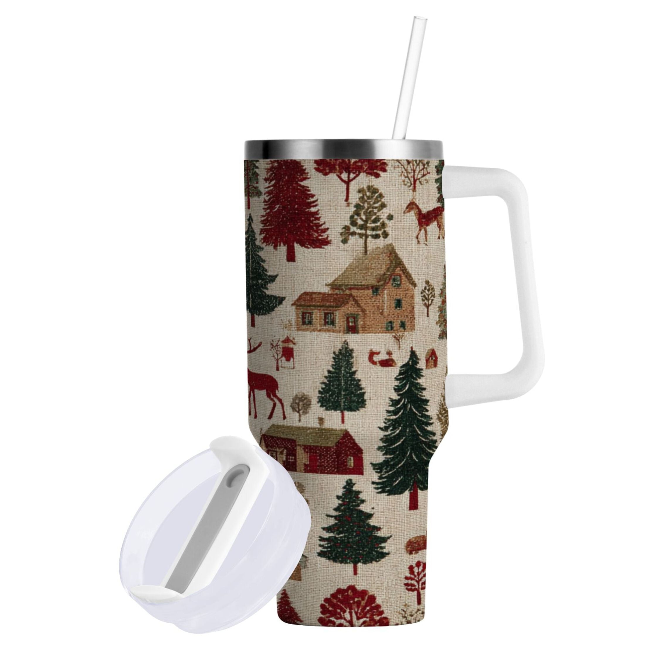 30 oz Insulated Stainless Steel Tumbler Double Wall Stainless Steel Tumbler with 2-Way Drinking Christmas Trees Deer and Houses Edition-KNJX