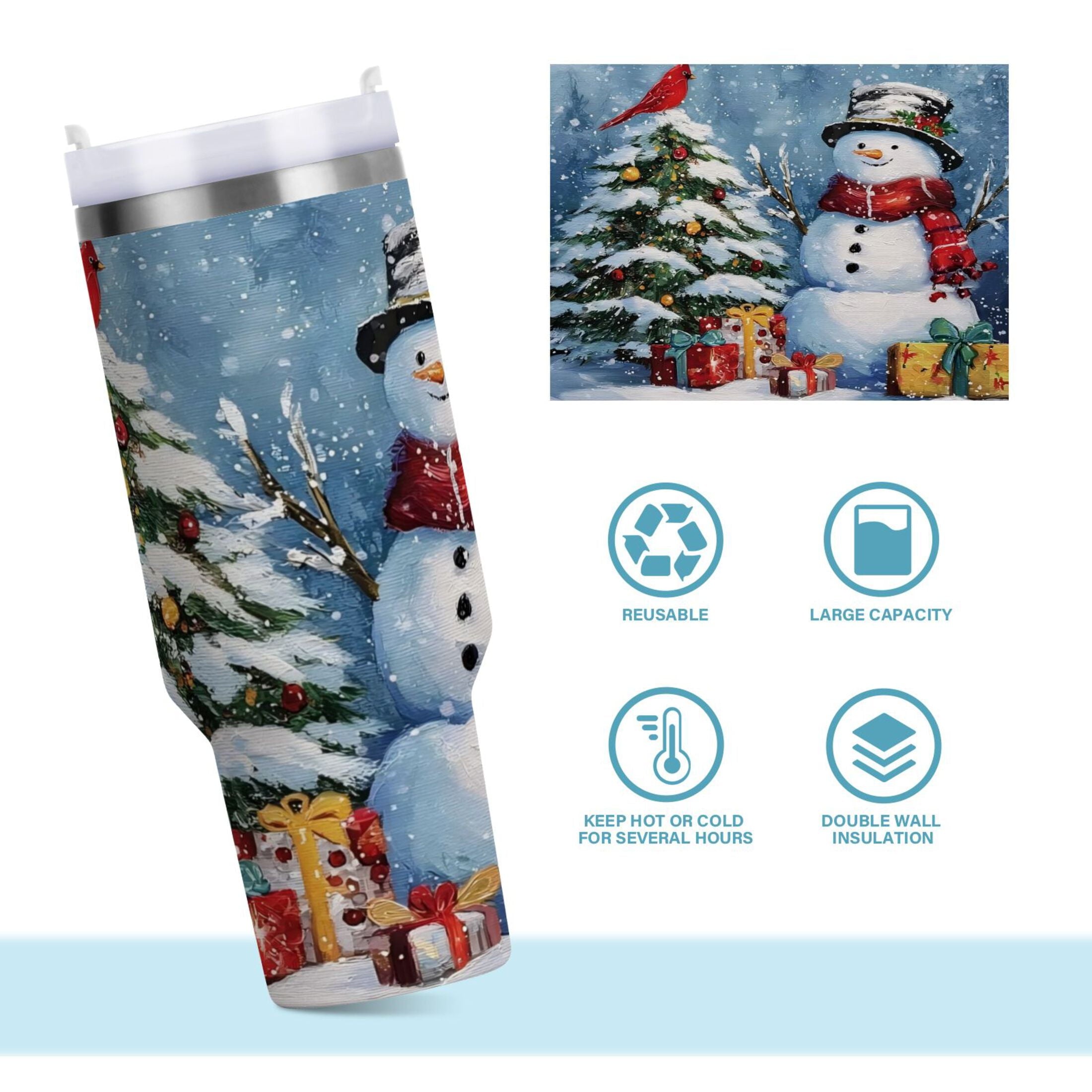30 oz Insulated Stainless Steel Tumbler Double Wall Stainless Steel Tumbler with 2-Way Drinking Christmas Scene with Snowman Edition-U9HQ