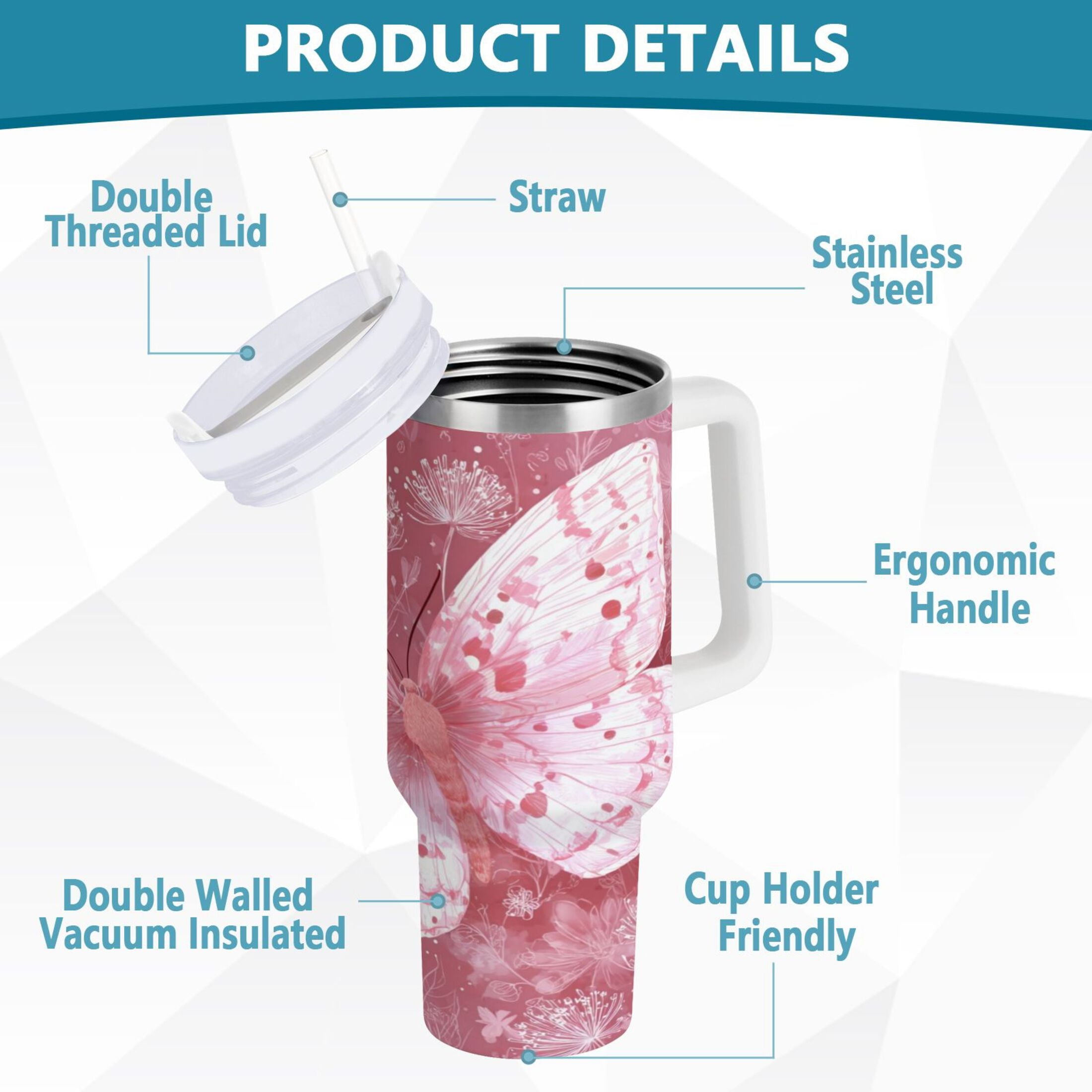 30 oz Insulated Stainless Steel Tumbler Double Wall Stainless Steel Tumbler with 2-Way Drinking Soft Pink Butterfly Edition-O9JJ