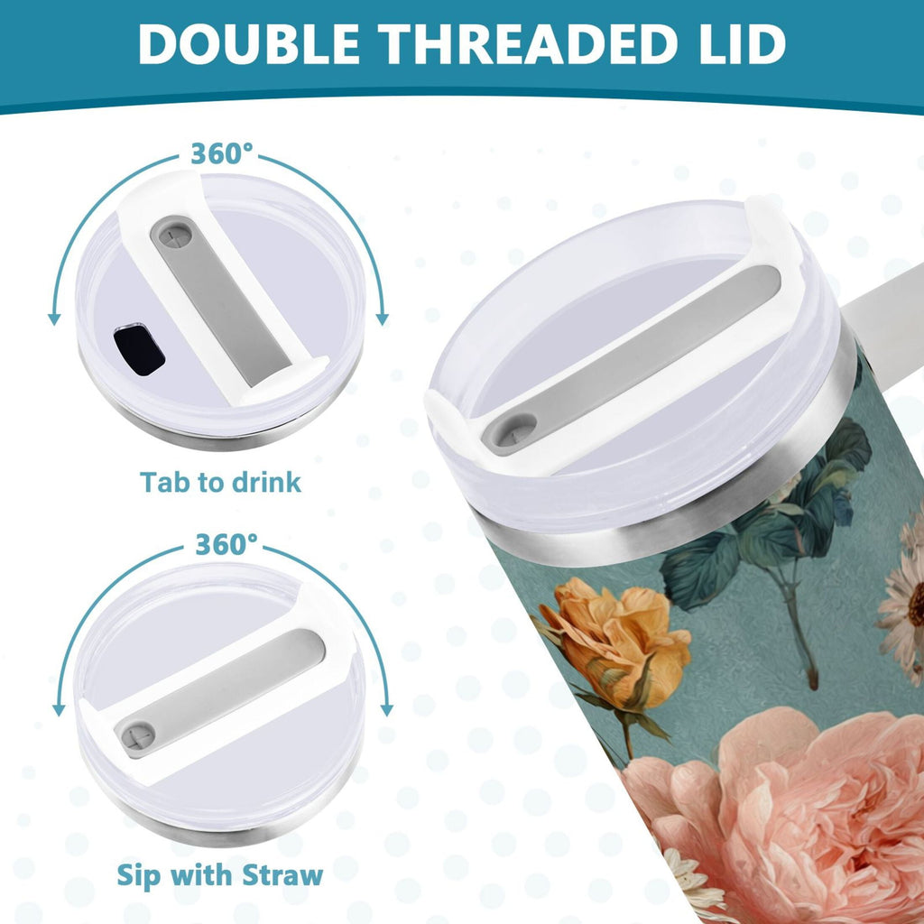 30 oz Insulated Stainless Steel Tumbler Double Wall Stainless Steel Tumbler with 2-Way Drinking Vintage Roses and Peonies Edition-I8MW