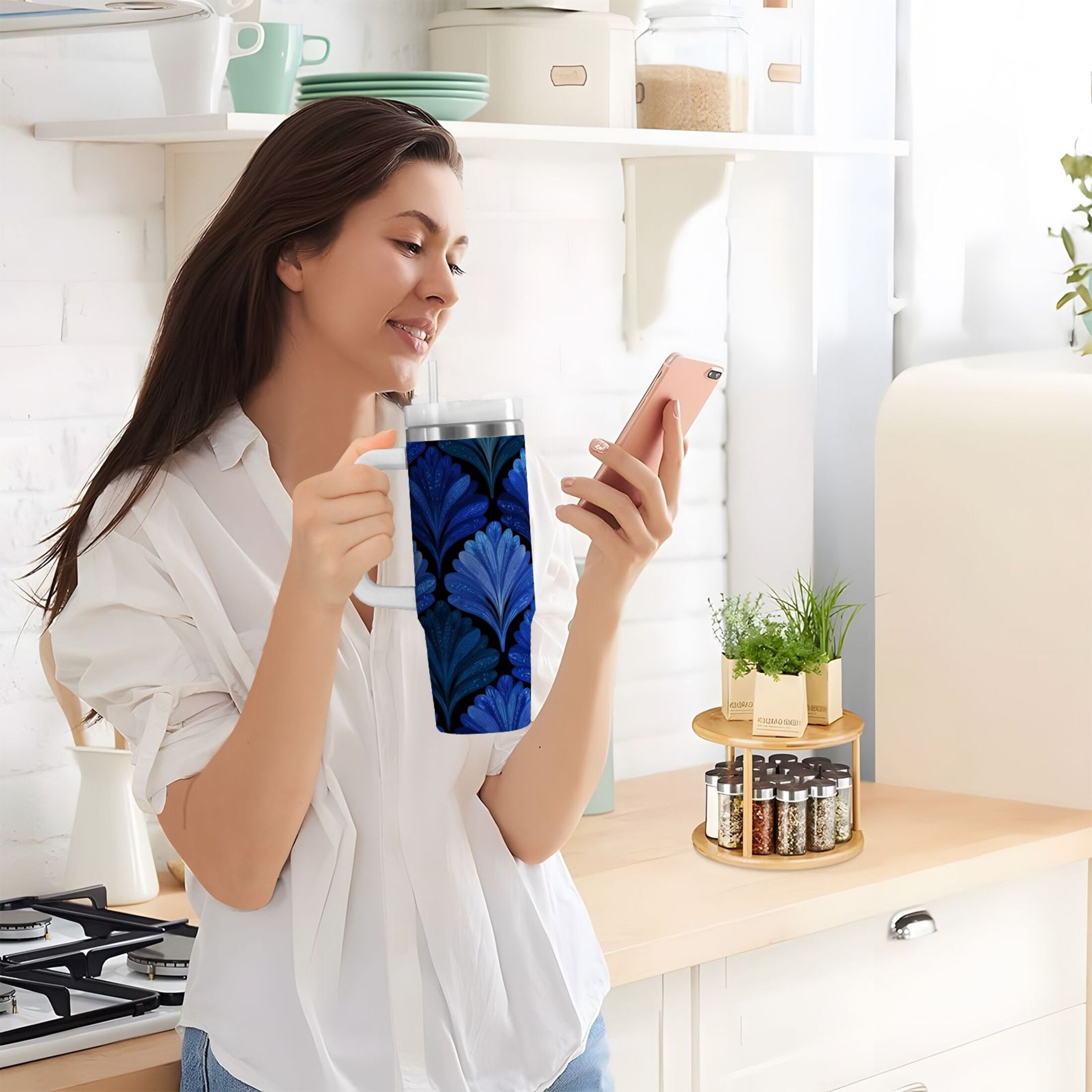 30 oz Insulated Stainless Steel Tumbler Double Wall Stainless Steel Tumbler with 2-Way Drinking Blue Batik Leaves Pattern Edition-U7IY