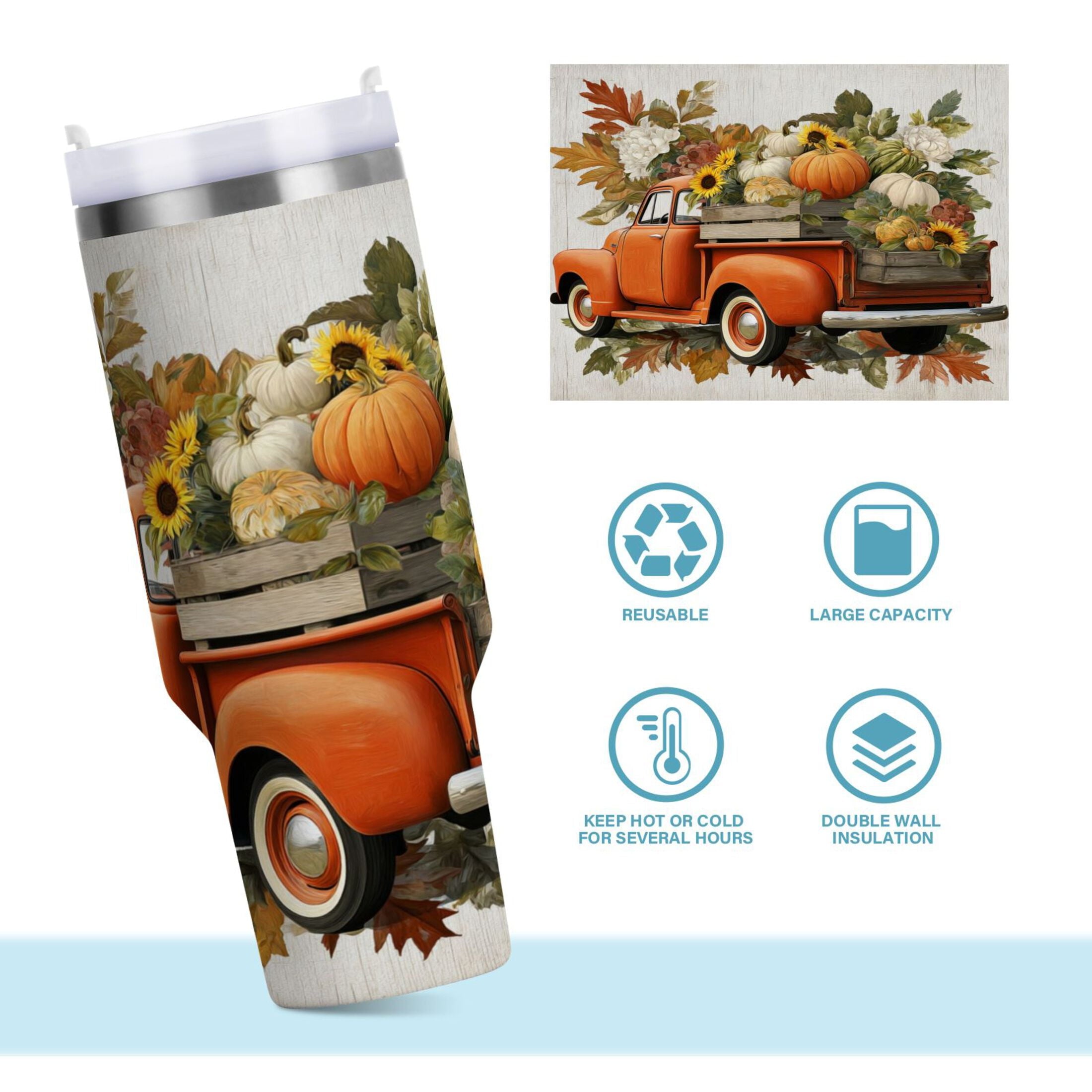 40 oz Insulated Stainless Steel Tumbler Double Wall Stainless Steel Tumbler with 2-Way Drinking Truck Full Of Pumpkins Edition-XDON
